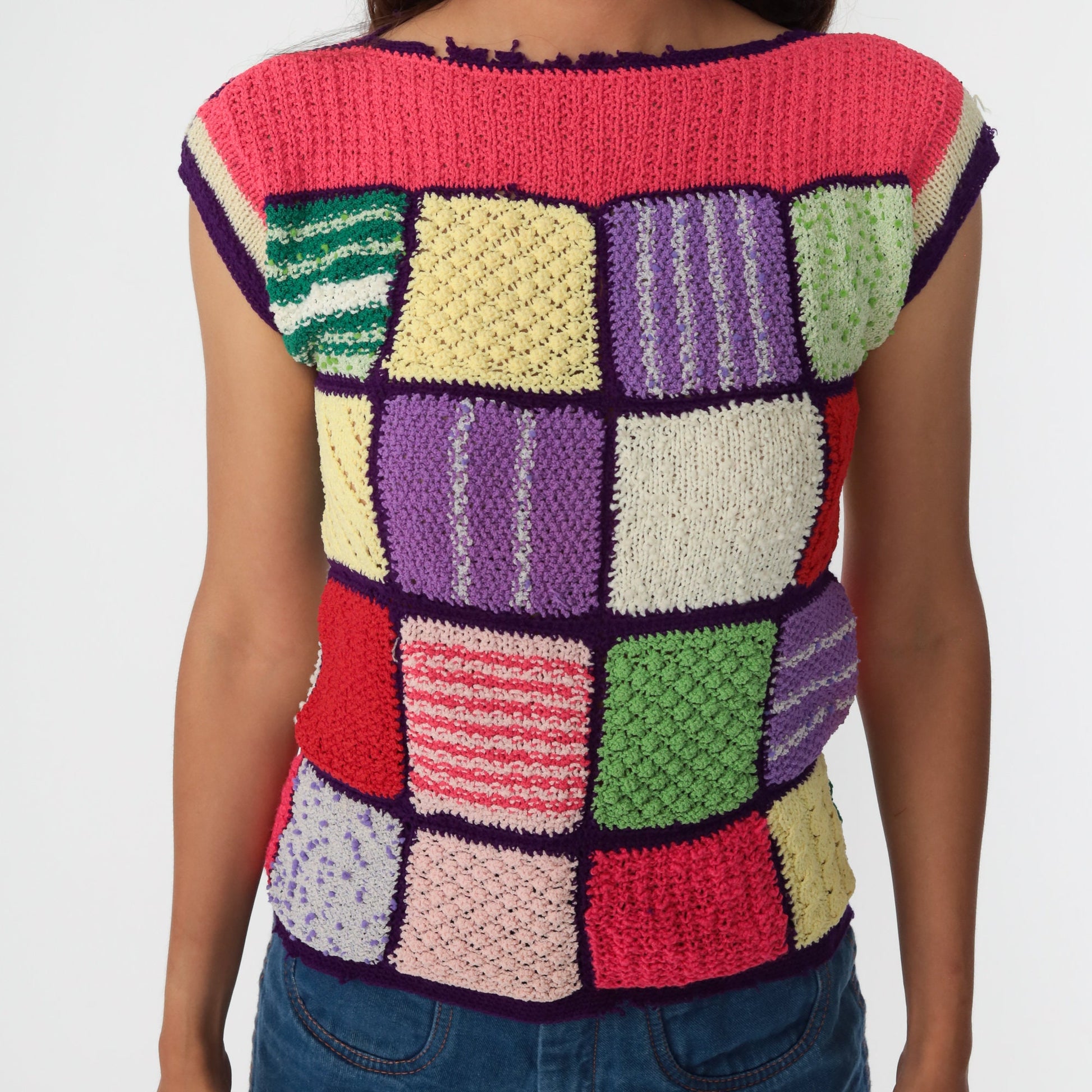 70s Patchwork Knit Top Rainbow Boatneck Short Sleeve Pink Purple Extra Small