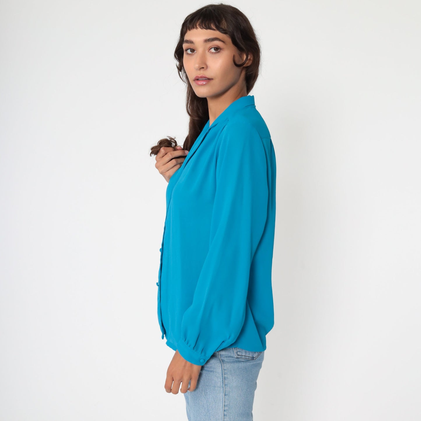 80s Blue Button-Up Blouse Collared Long Sleeve Shirt Medium