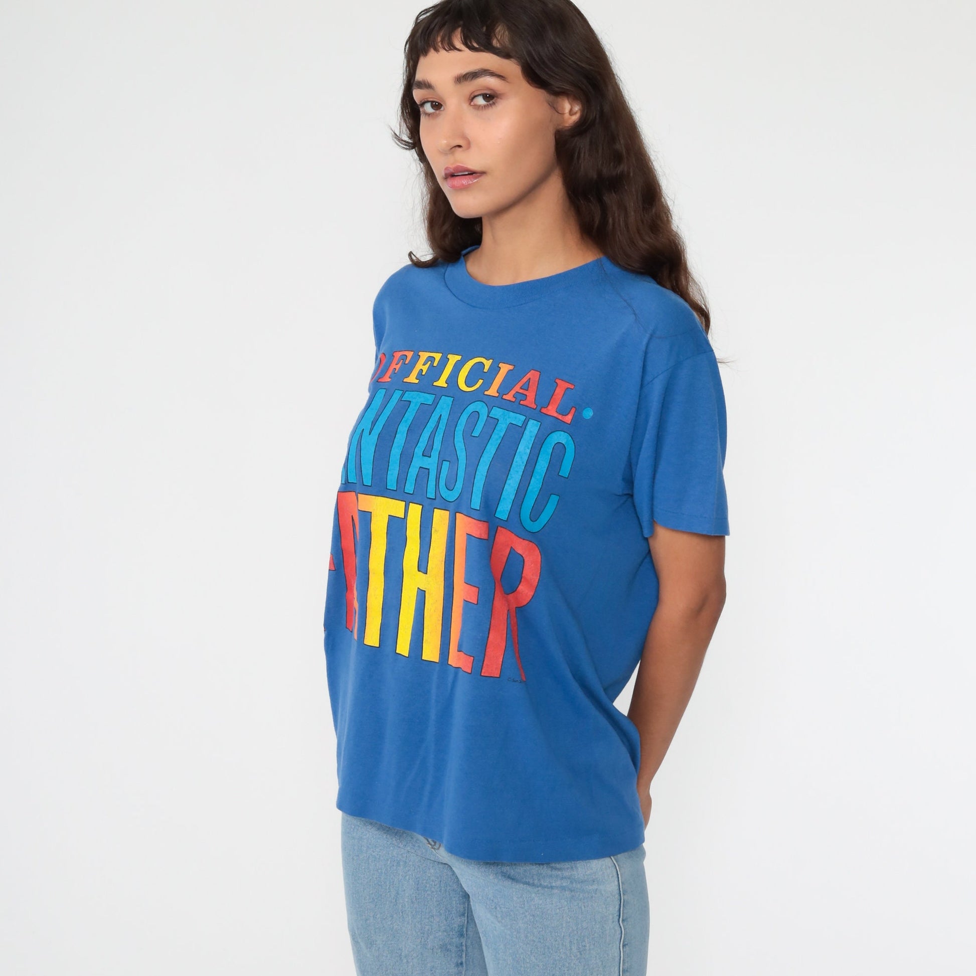 80s Official Fantastic Father Graphic T-Shirt Blue Single Stitch Small