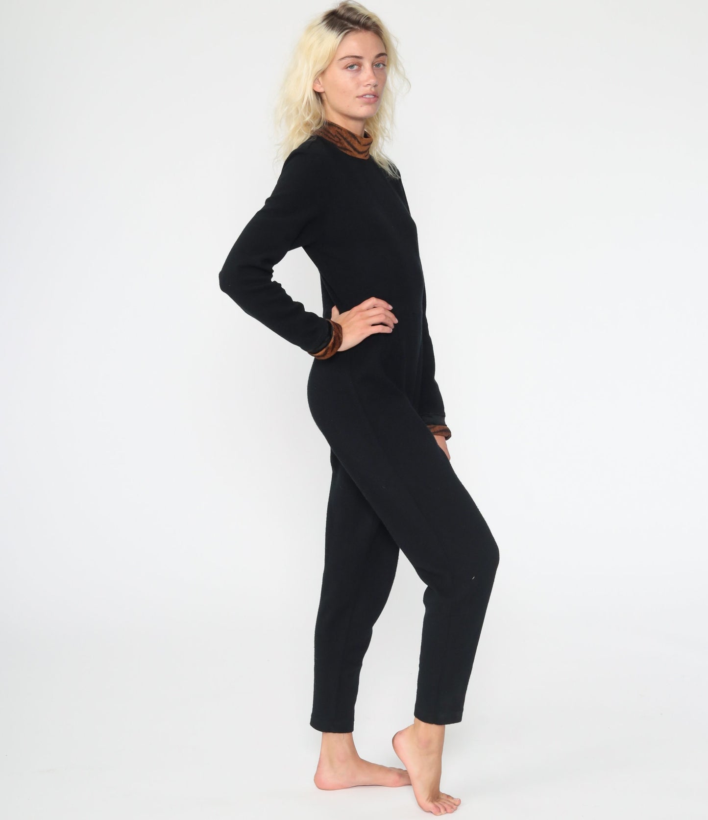90s Black Jumpsuit Tiger Print Collar Turtleneck Tapered Small S