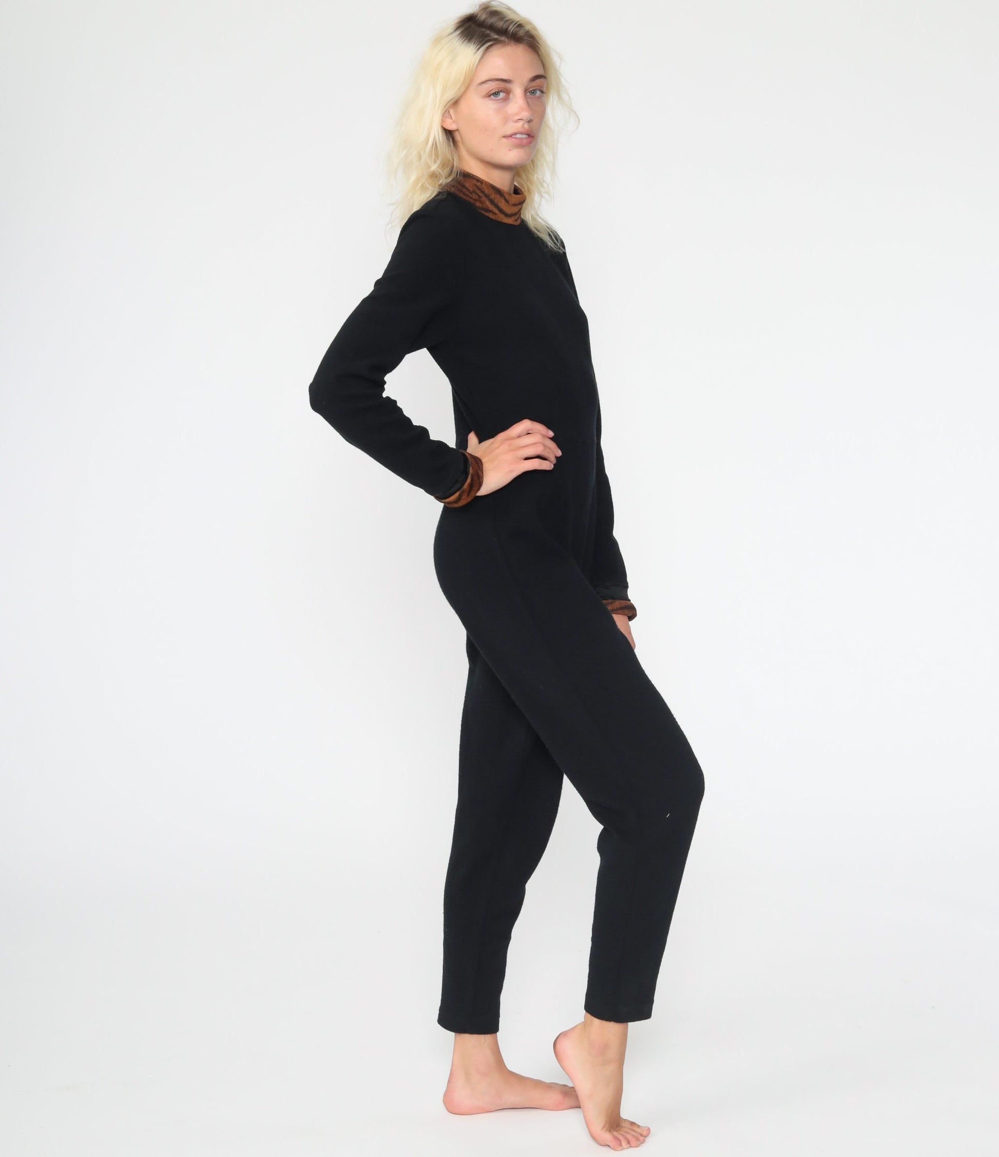 90s Black Jumpsuit Tiger Print Collar Turtleneck Tapered Small S