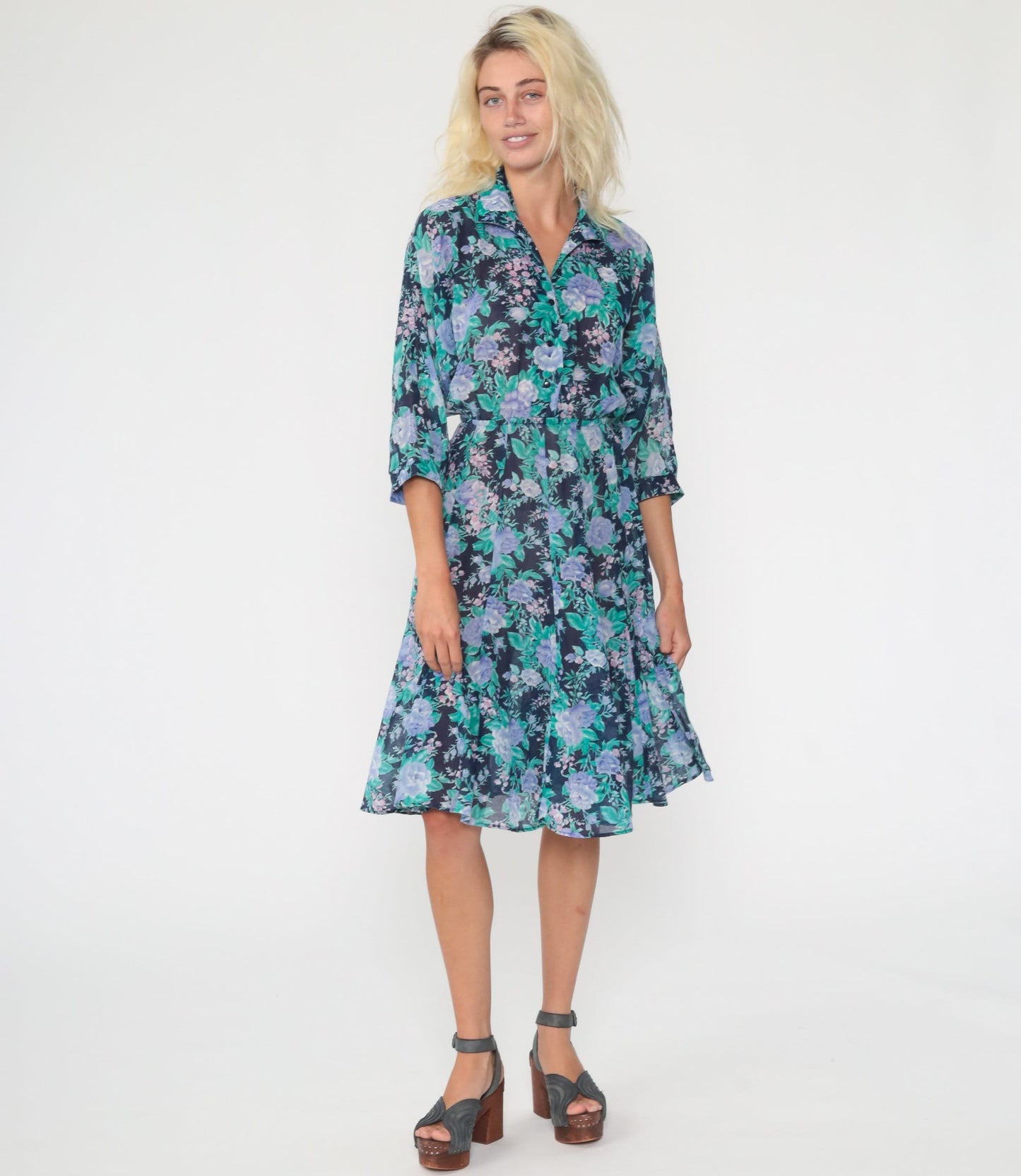 70s Blue Floral Midi Dress Button-Up High Waist Dolman Sleeve Extra Small