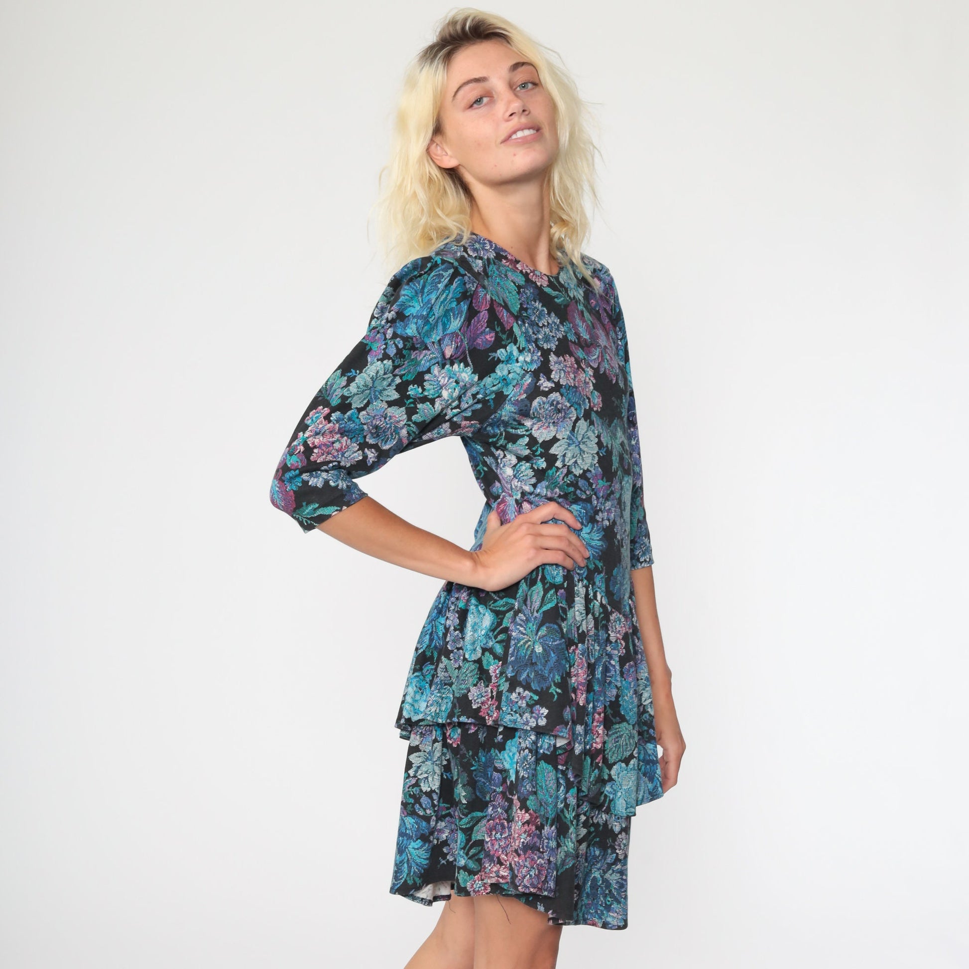 80s Tapestry Floral Mini Dress Puff Sleeve Drop Waist Black Blue Extra Small