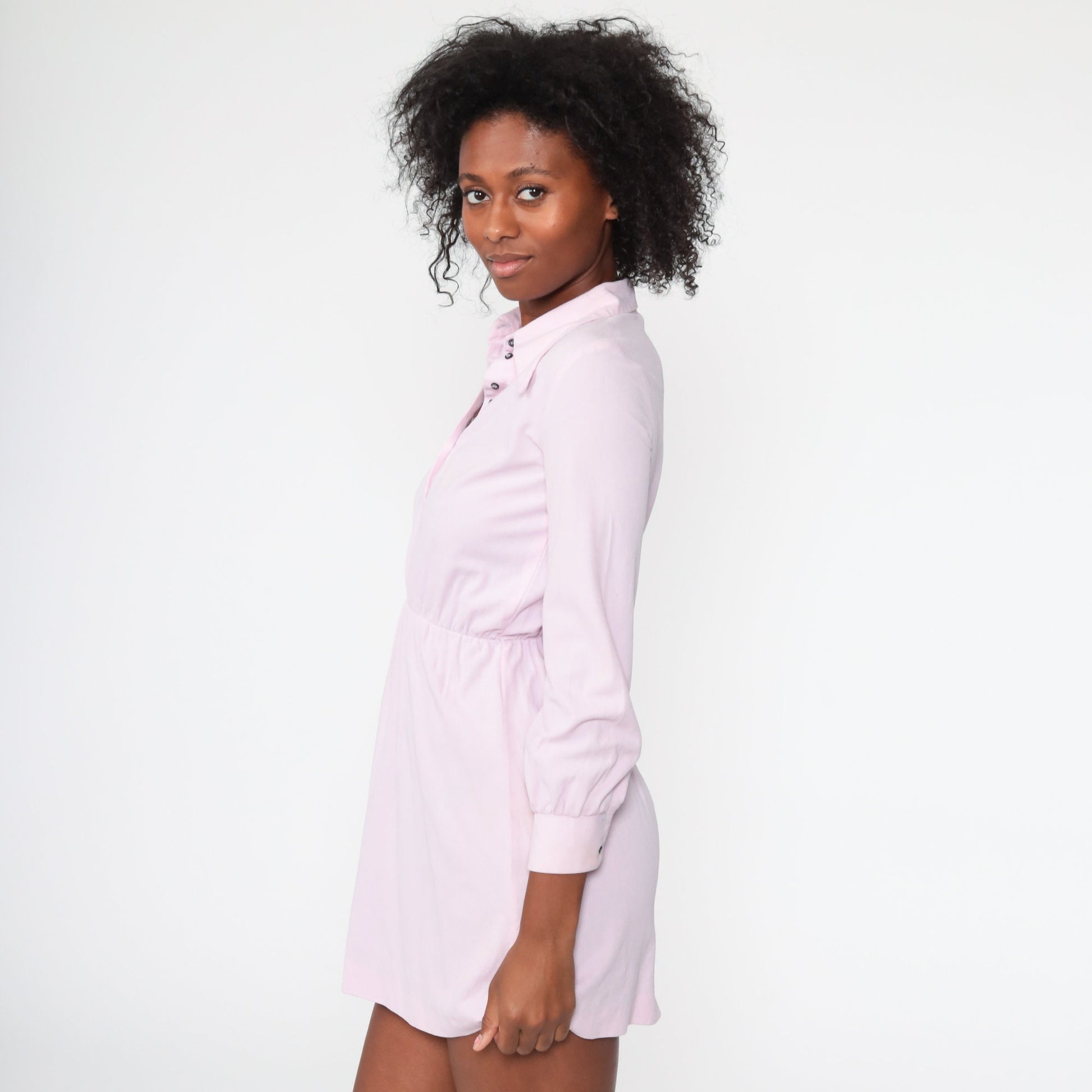 70s Lavender Dagger Collar Mini Dress Button-Up Long Sleeve High Waisted Extra Small
