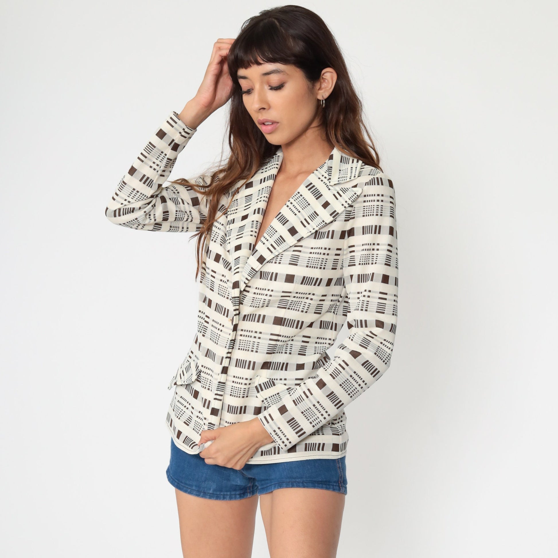 70s Jonathan Logan Cream Brown Plaid Blazer Jacket Extra Small XS