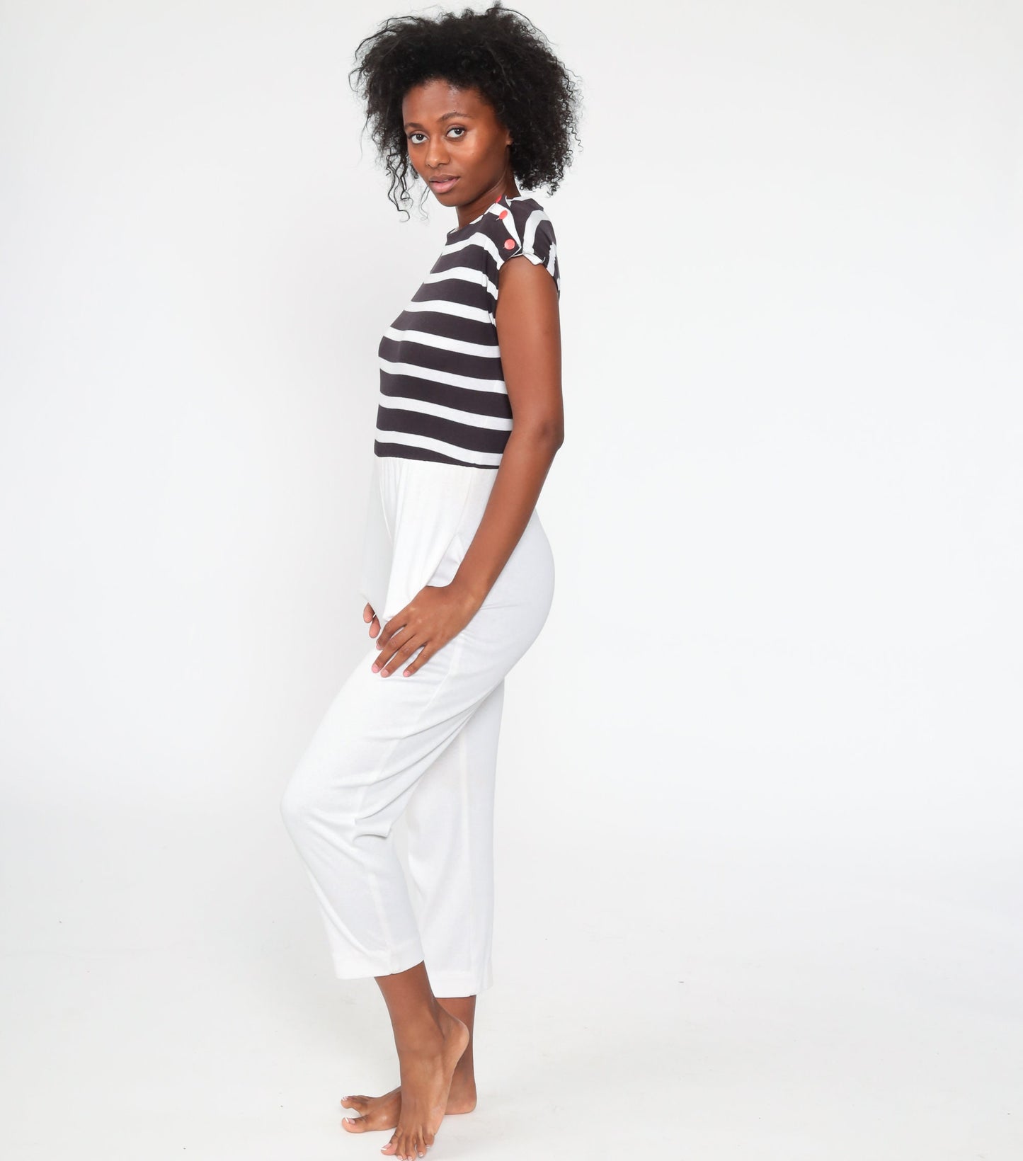 80s White Nautical Striped Jumpsuit Cap Sleeve Tapered Legs Small