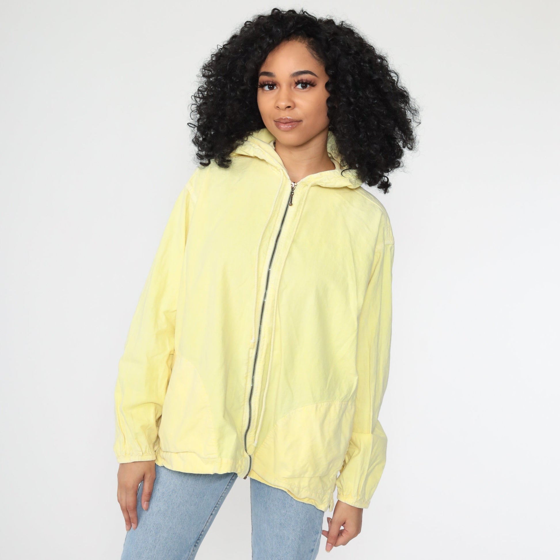 80s Yellow Cotton Hooded Jacket Windbreaker Medium