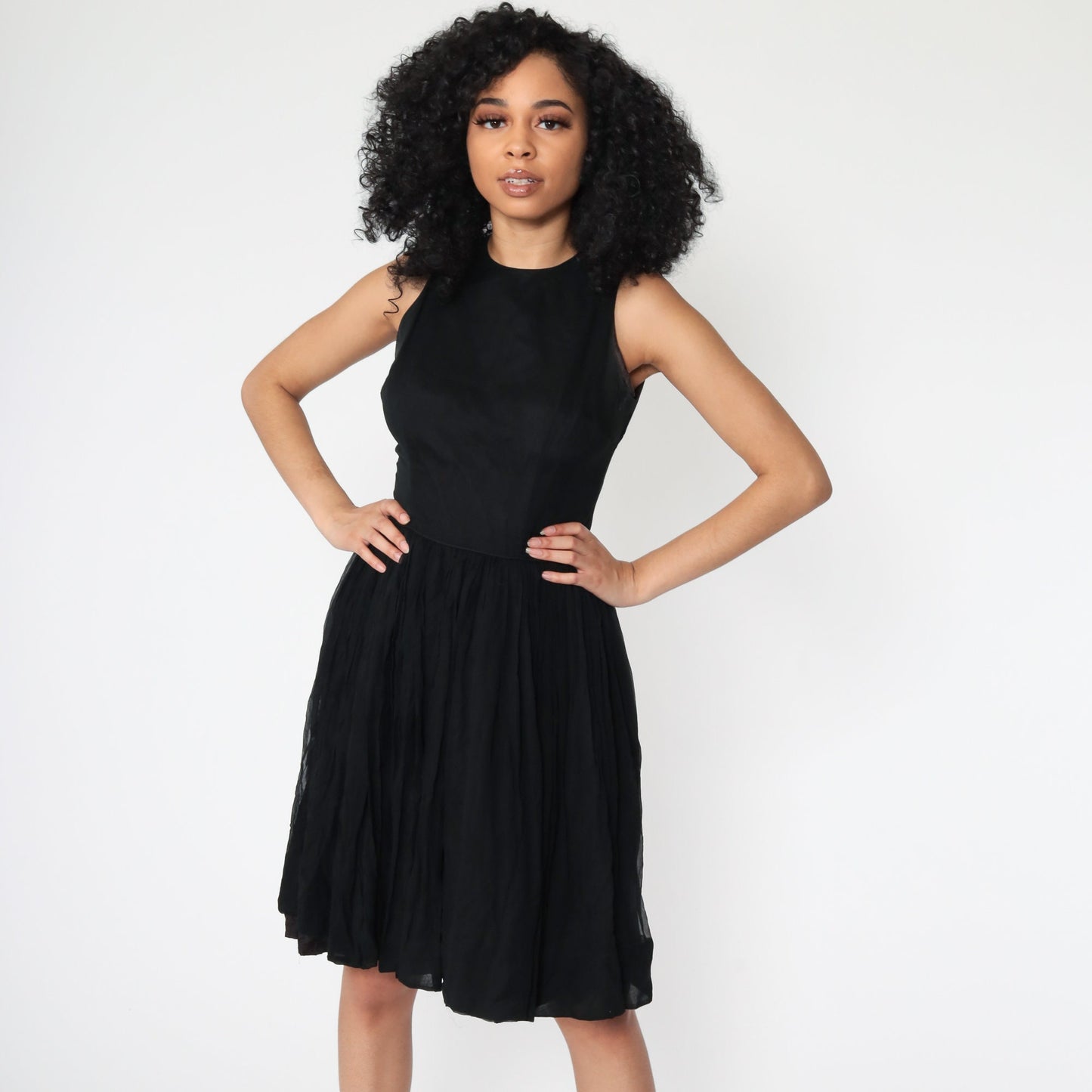 60s Jonathan Logan Black Chiffon Midi Dress High Waist Extra Small