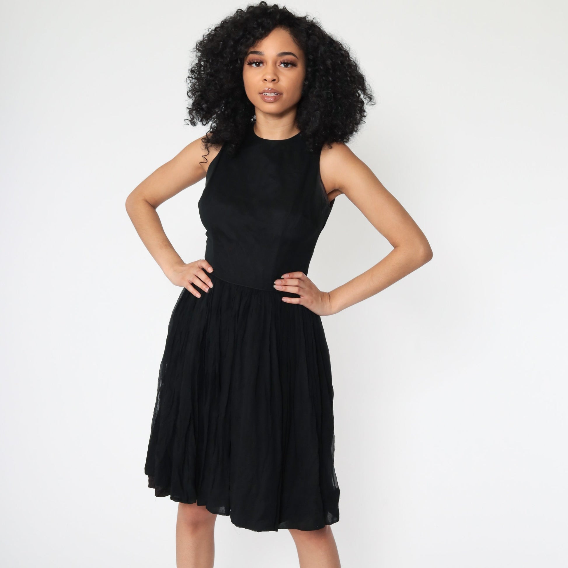 60s Jonathan Logan Black Chiffon Midi Dress High Waist Extra Small