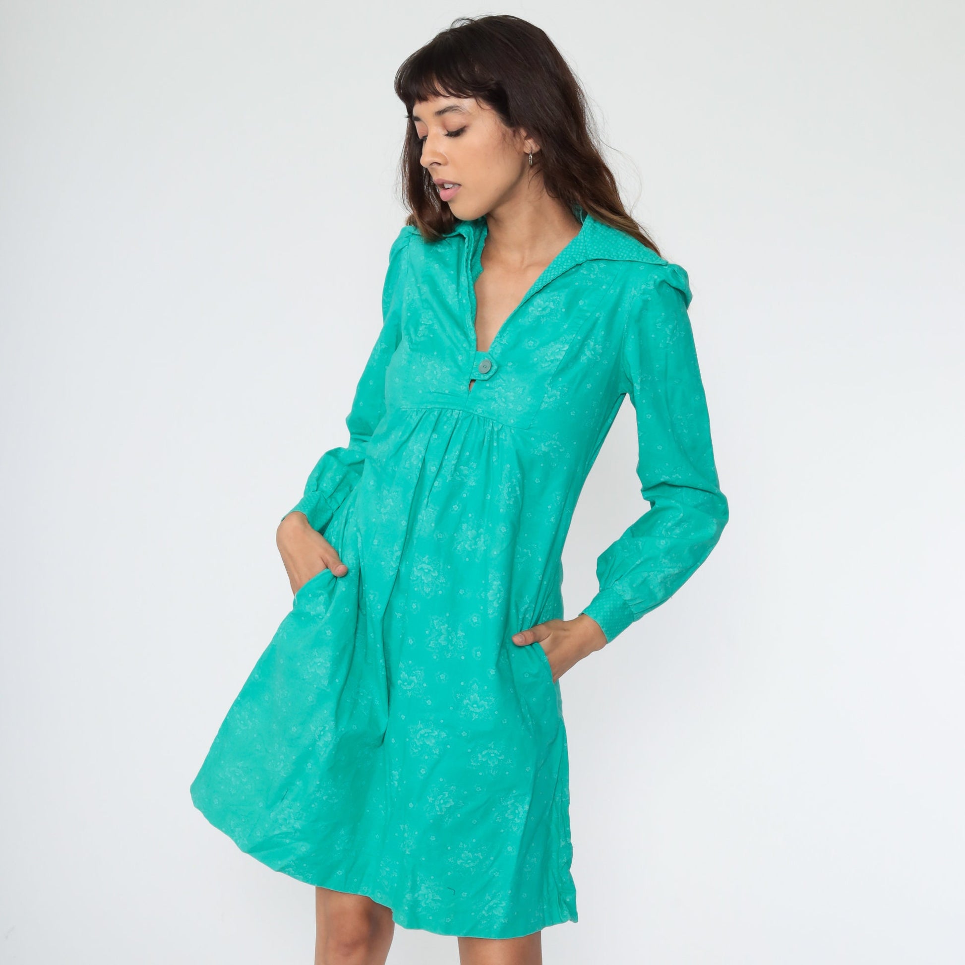 60s Green Floral Babydoll Dress Puff Sleeve Mini Empire Waist Small