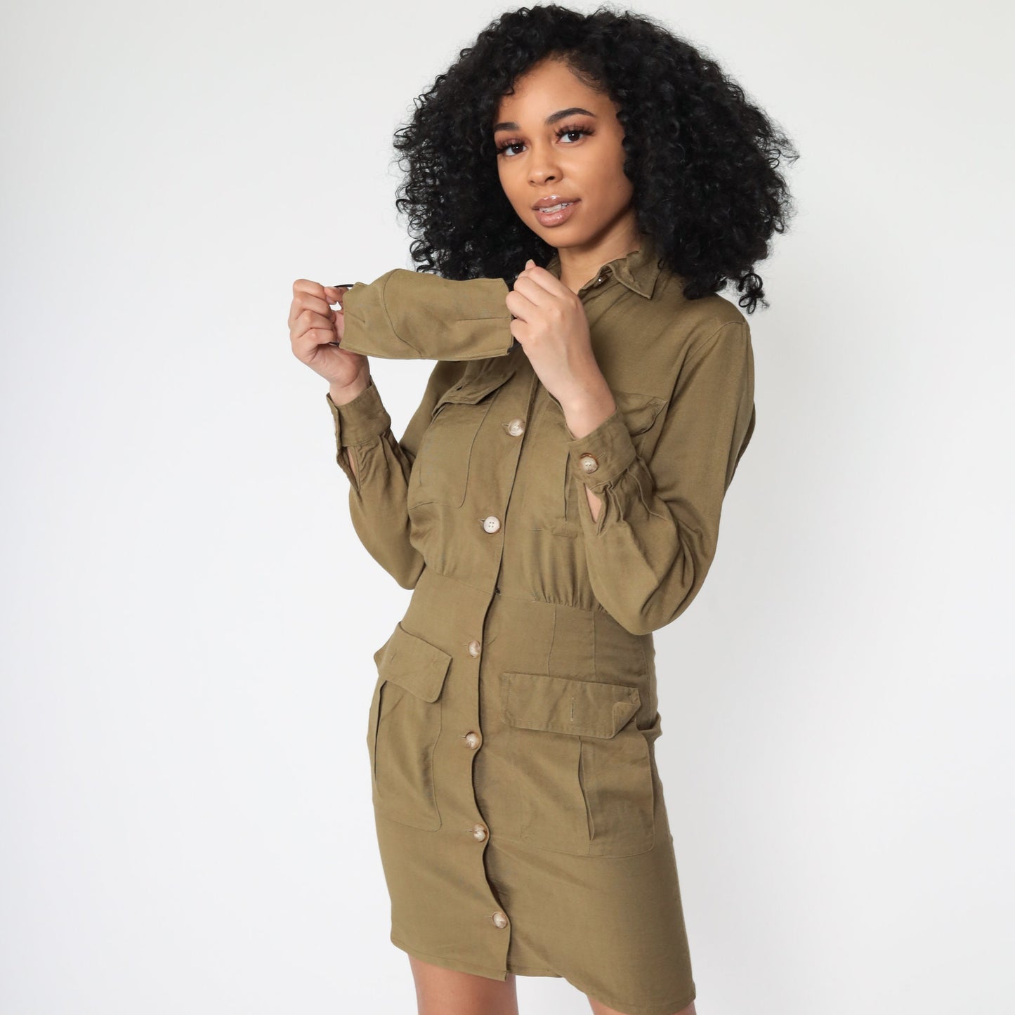 80s Liz Claiborne Cargo Shirt Dress Olive Green Button-Up Mini Extra Small