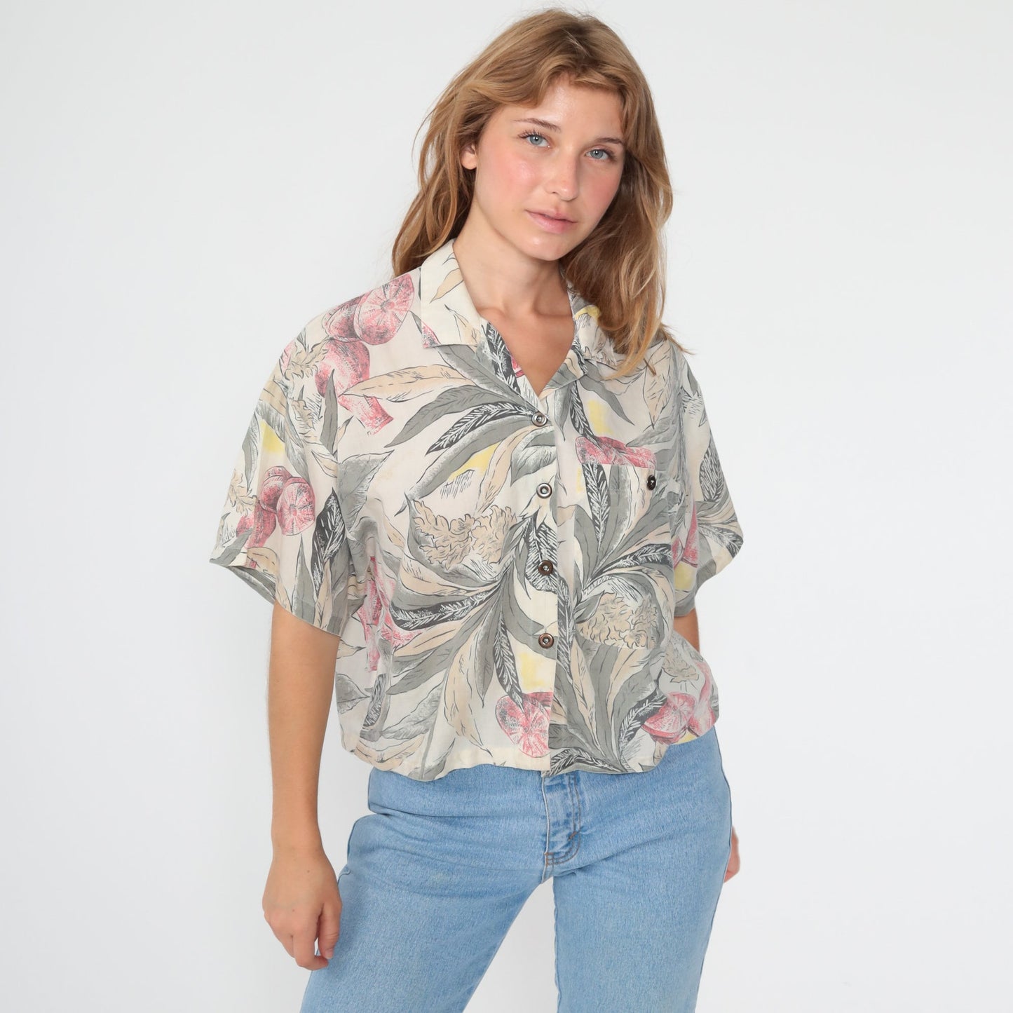 90s Tropical Fruit Print Hawaiian Button-Up Shirt Medium