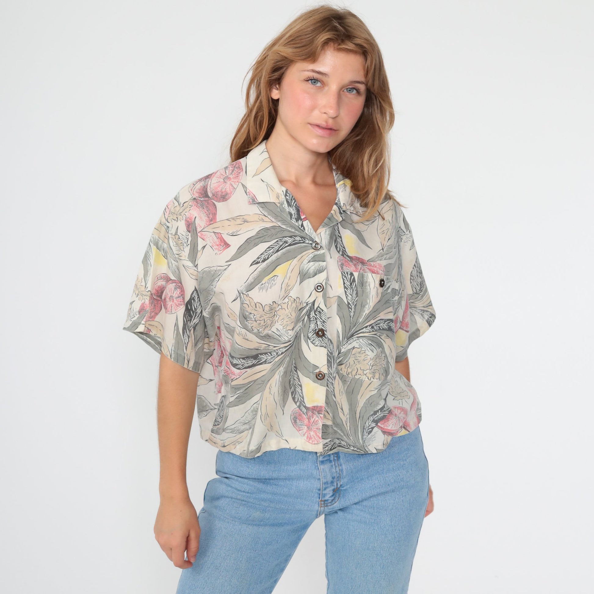 90s Tropical Fruit Print Hawaiian Button-Up Shirt Medium