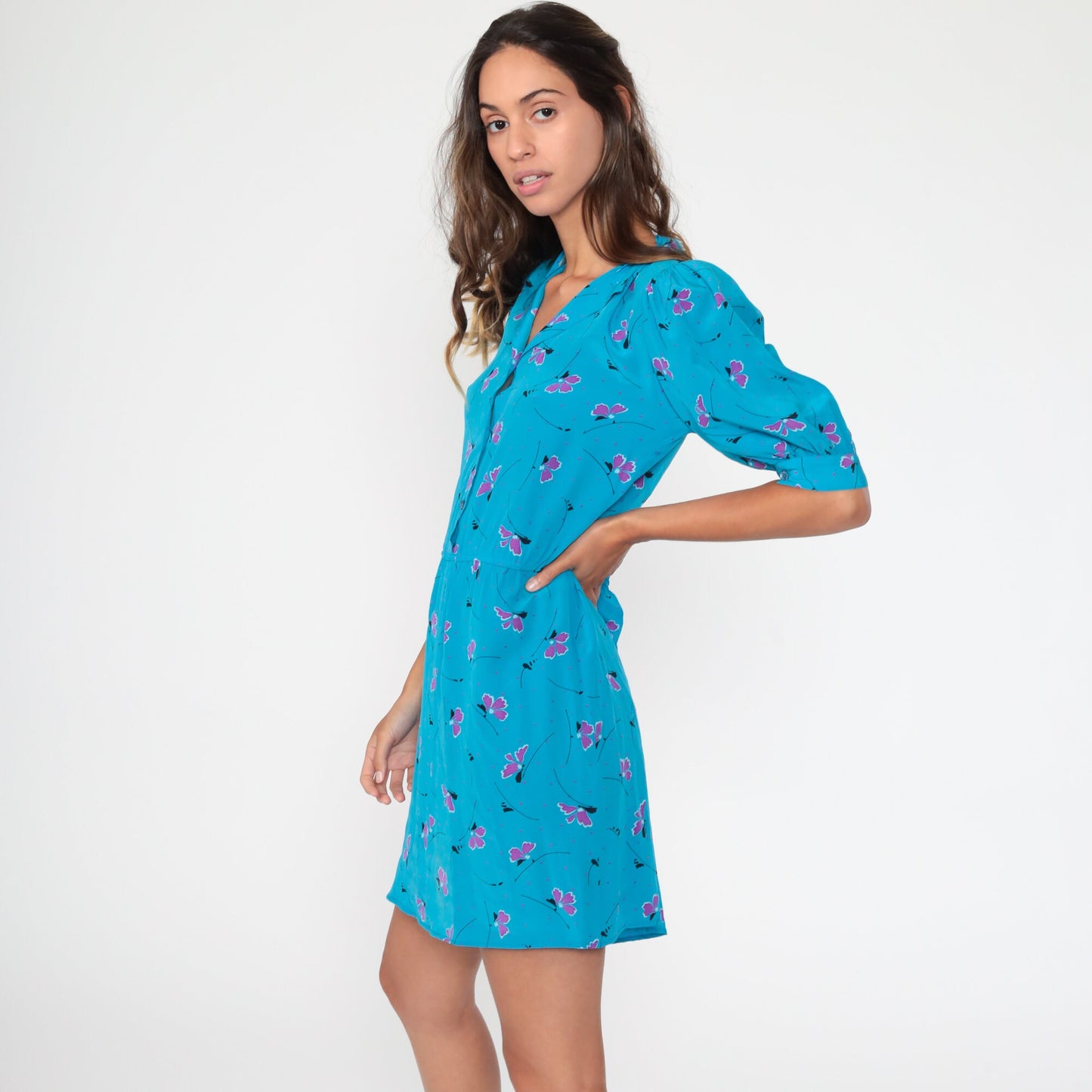 80s Blue Floral Puff Sleeve Mini Dress Button-Up Shirtwaist Small Medium