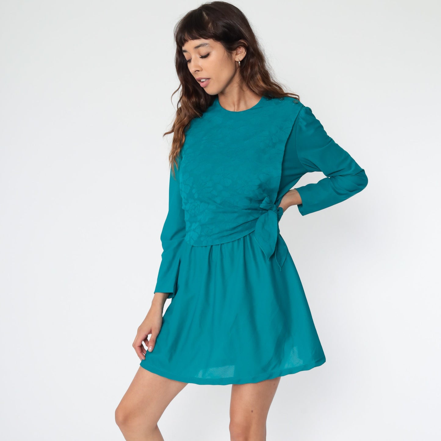 80s Teal Floral Mini Dress Puff Sleeve Fit and Flare Small Medium