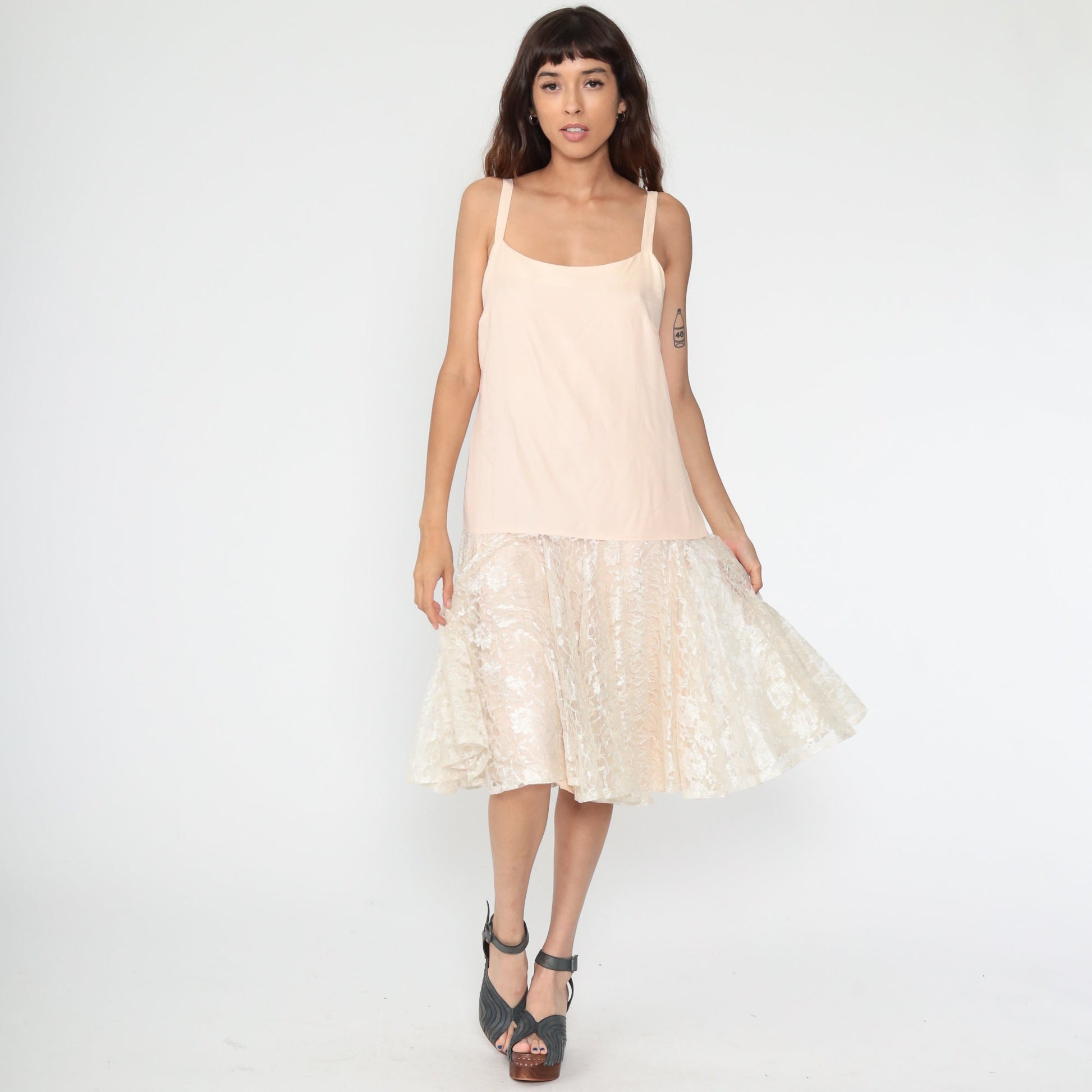 80s Peach Lace Drop Waist Midi Slip Dress Sleeveless Party Medium 8