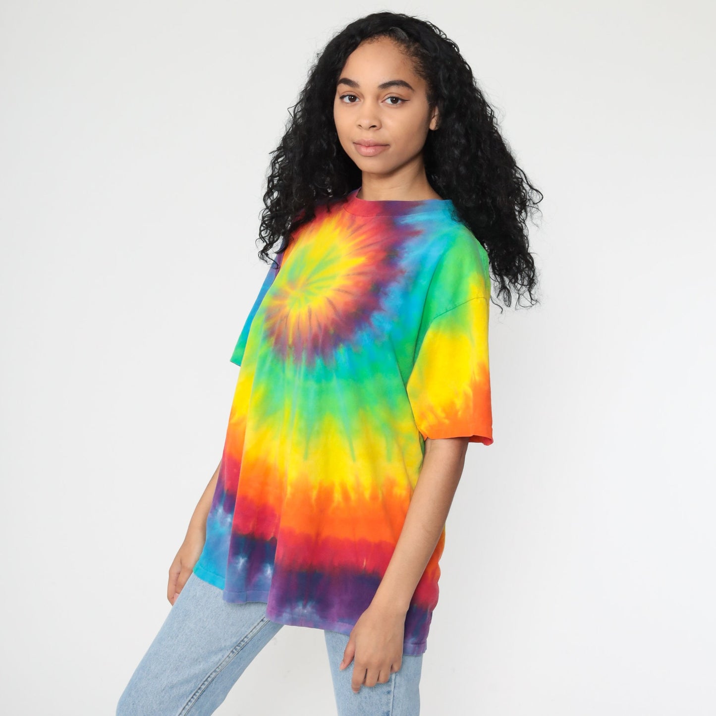 90s Tie Dye T-Shirt Yellow Green Blue Swirl Print Graphic Tee Large