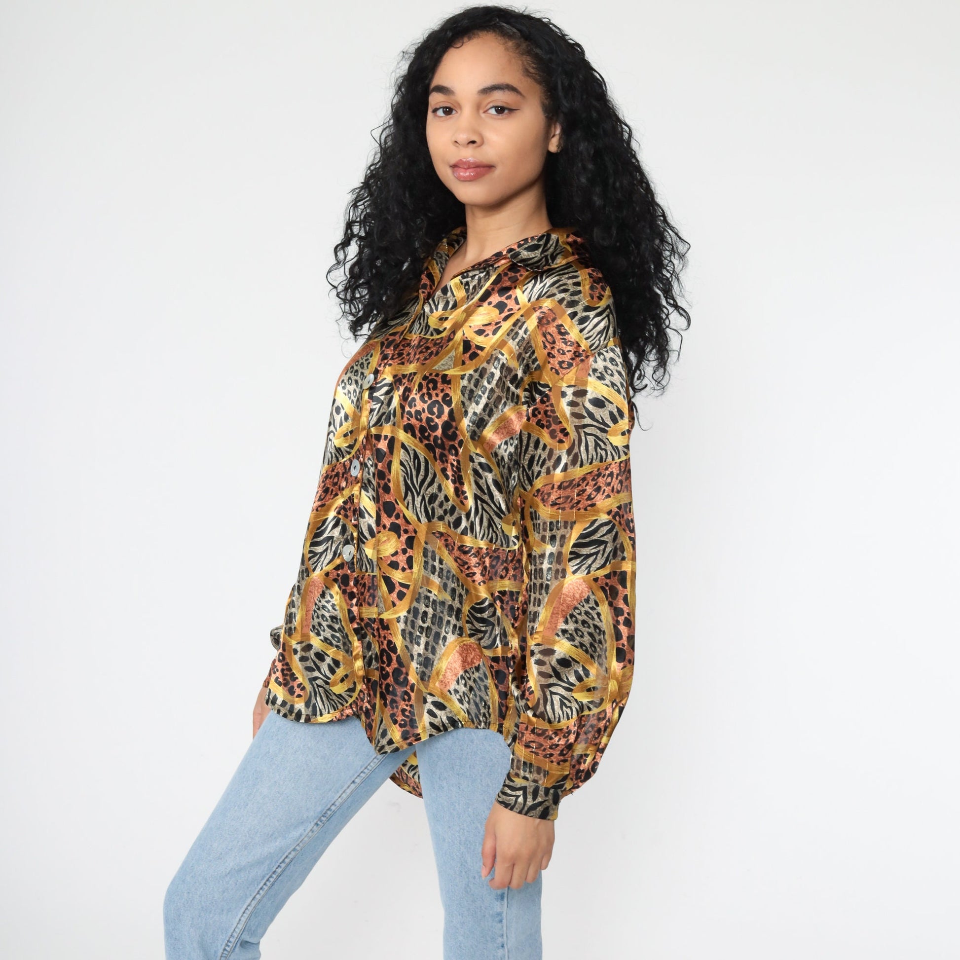 Leopard Print Blouse Gold Stripes Long Sleeve Button Up Medium