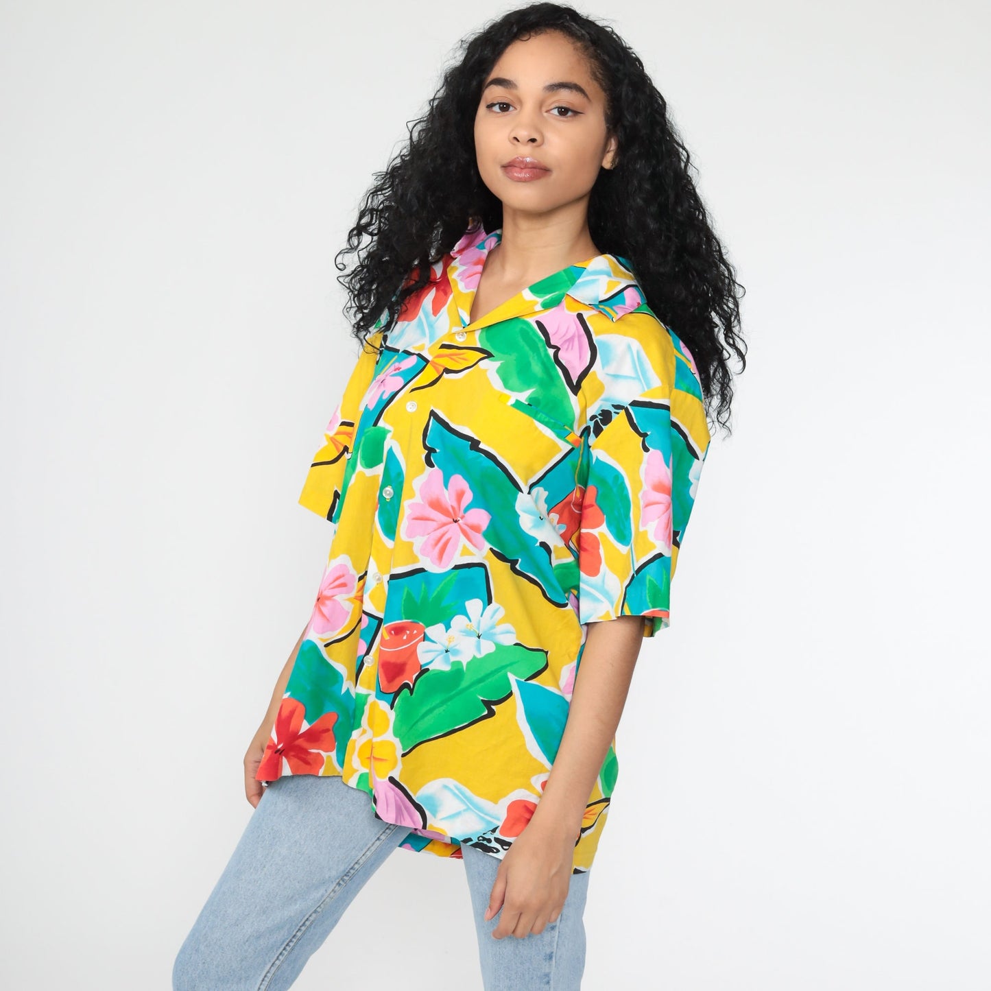 80s Hilo Hattie Hawaiian Shirt Tropical Floral Cocktail Print Button Up Extra Large