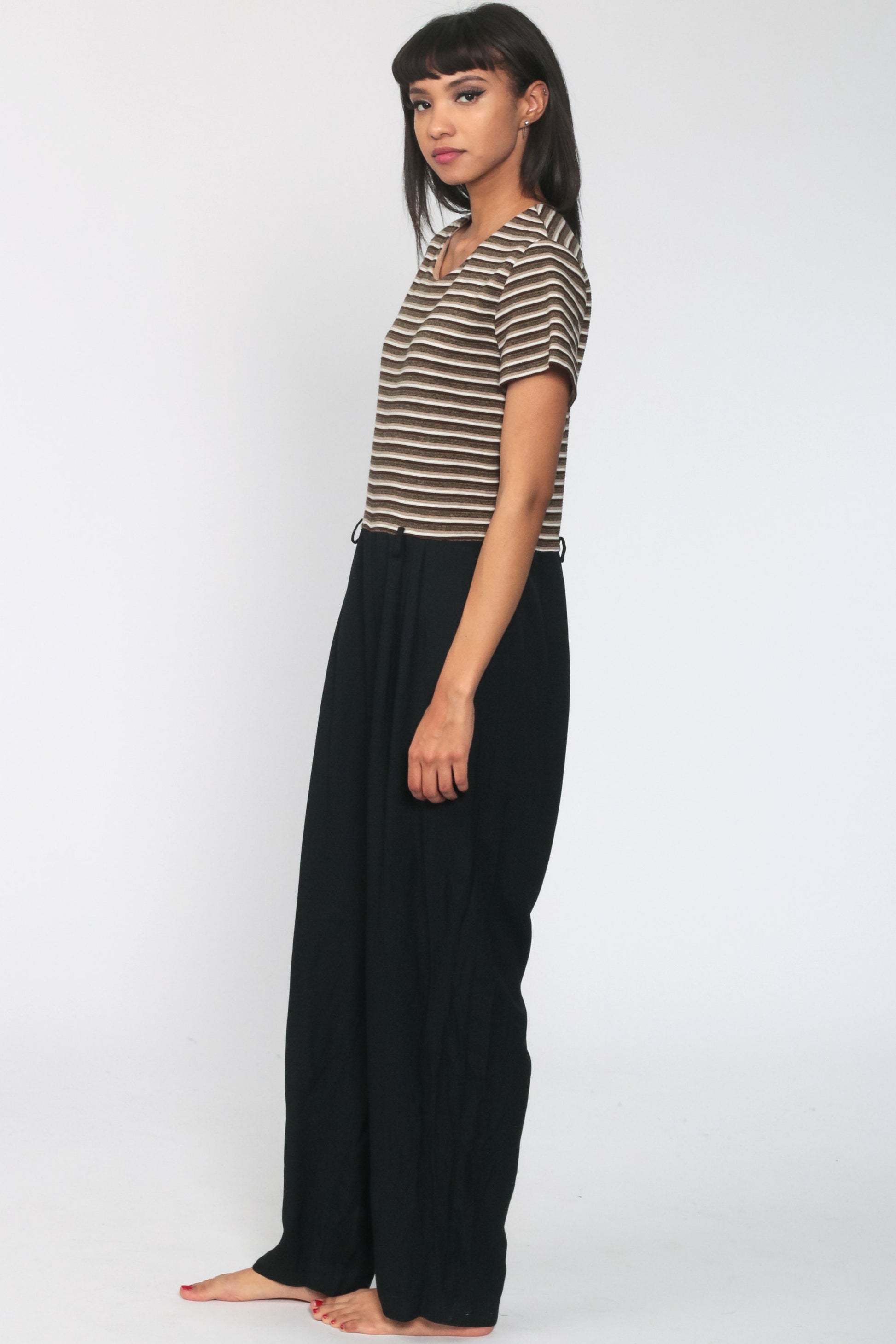 80s Striped Jumpsuit Black Tapered Legs Short Sleeve Medium Large