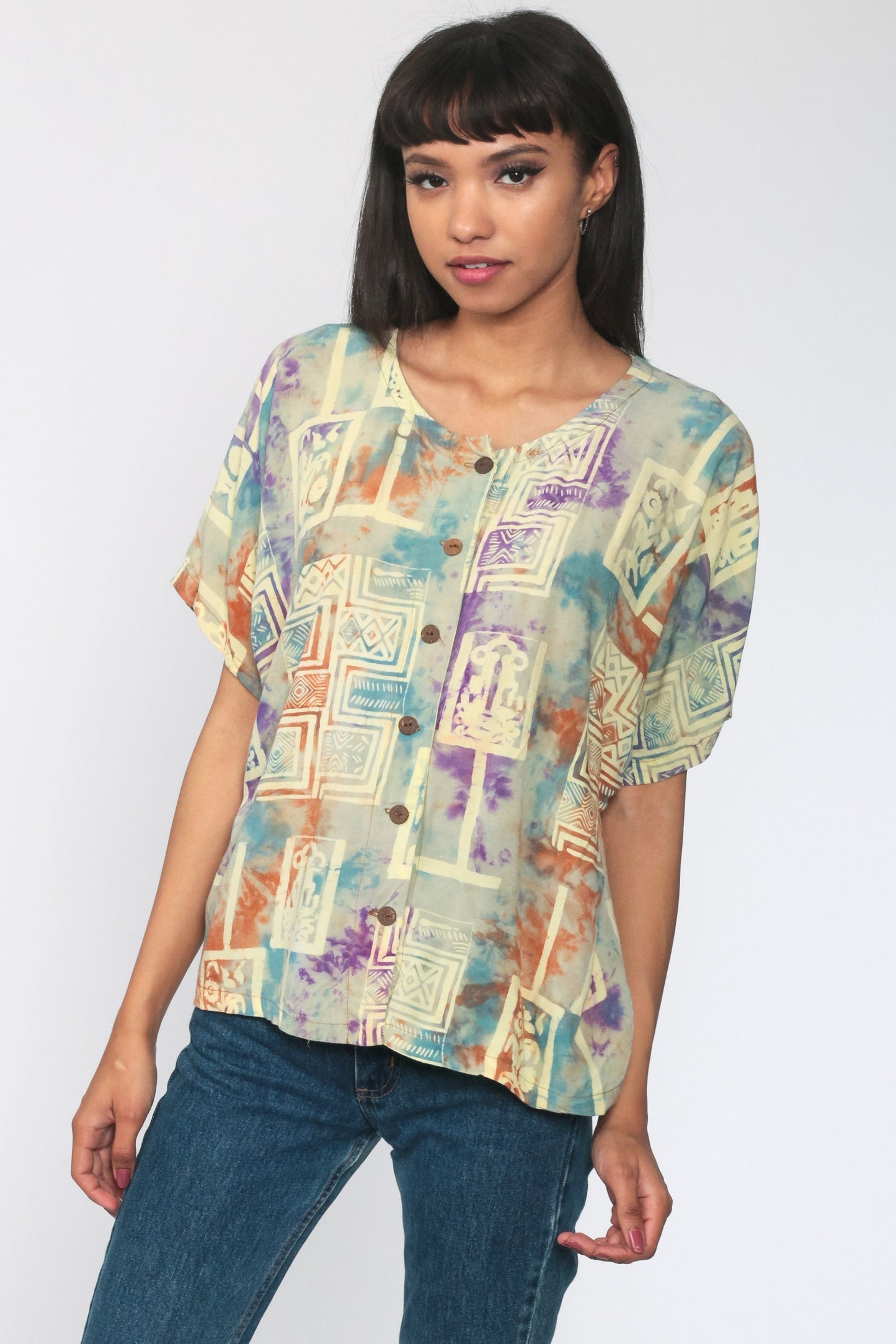 00s Tie Dye Batik Button Up Shirt Yellow Short Sleeve Extra Large XL
