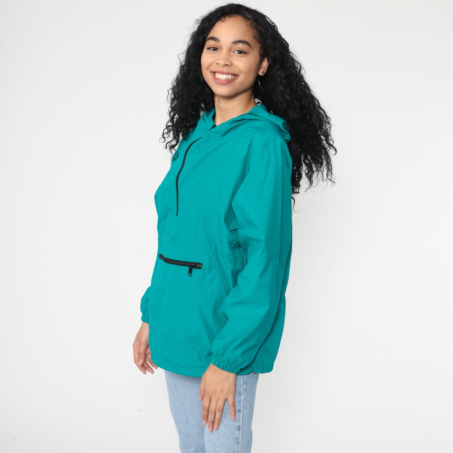 LL Bean Teal Hooded Windbreaker Half-Zip Pullover Jacket 90s Medium