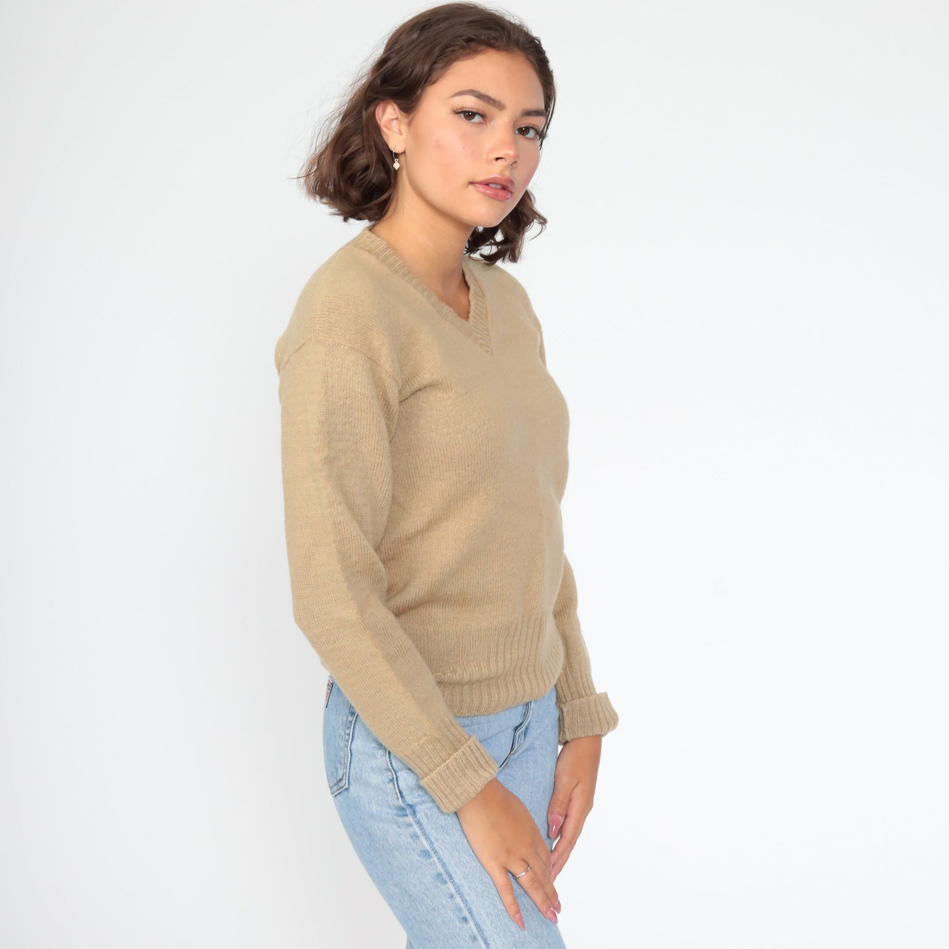 80s Wool V-Neck Sweater Tan Pullover Knit Extra Small XS