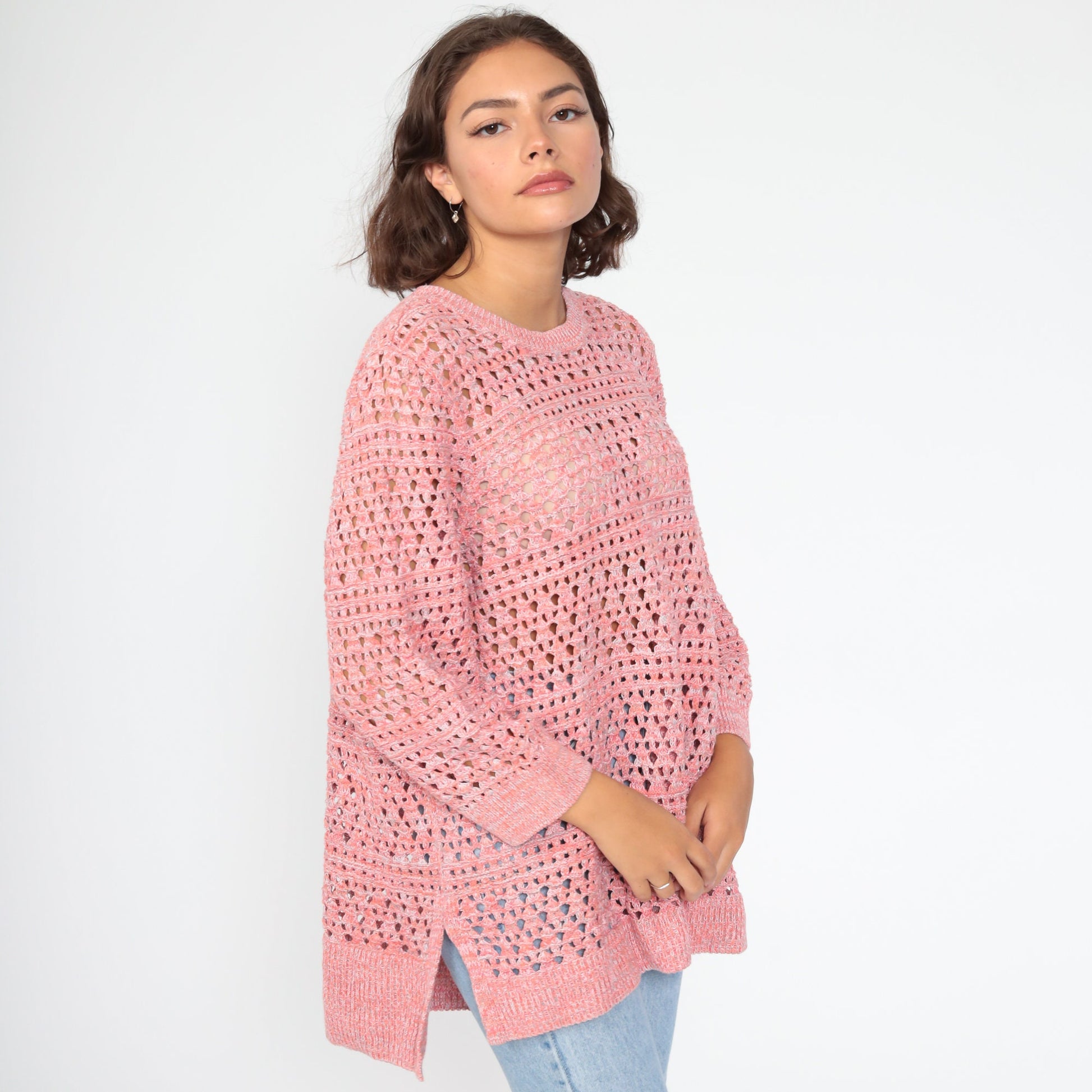 90s Pink Cotton Cutout Sweater Slouchy Pullover Extra Large XXL
