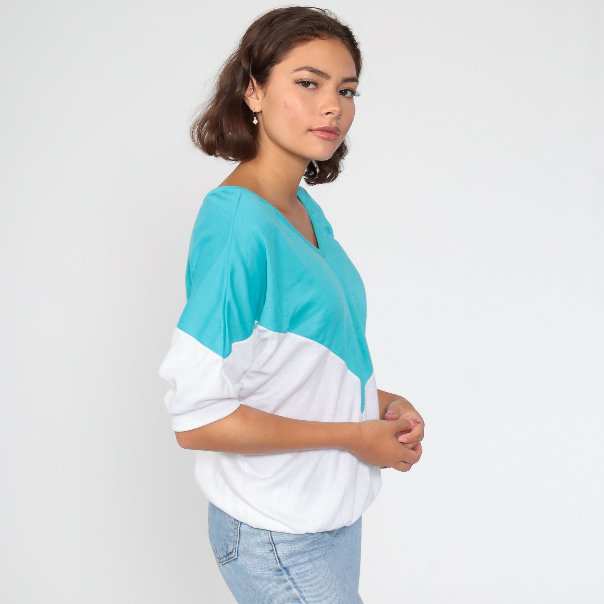 80s Turquoise White Color Block Dolman Sleeve V-Neck Top Large