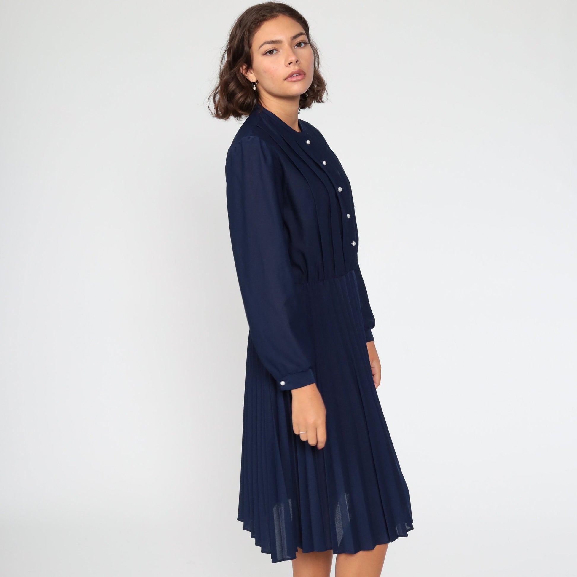 80s Navy Puff Sleeve Midi Dress High Waist Pleated Elastic Waist Medium