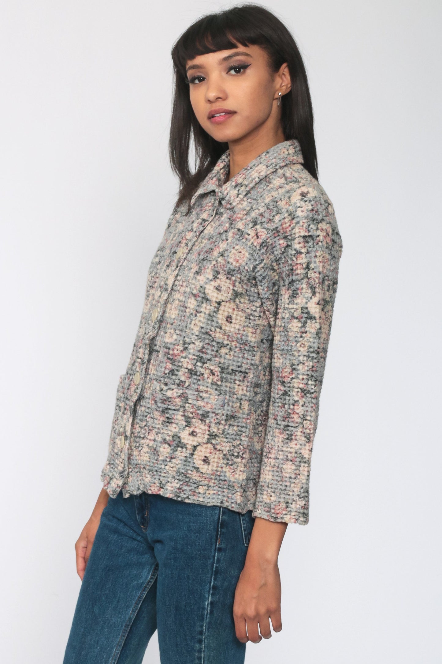 90s Waffle Knit Floral Button-Up Shirt Long Sleeve Cotton Blend Small