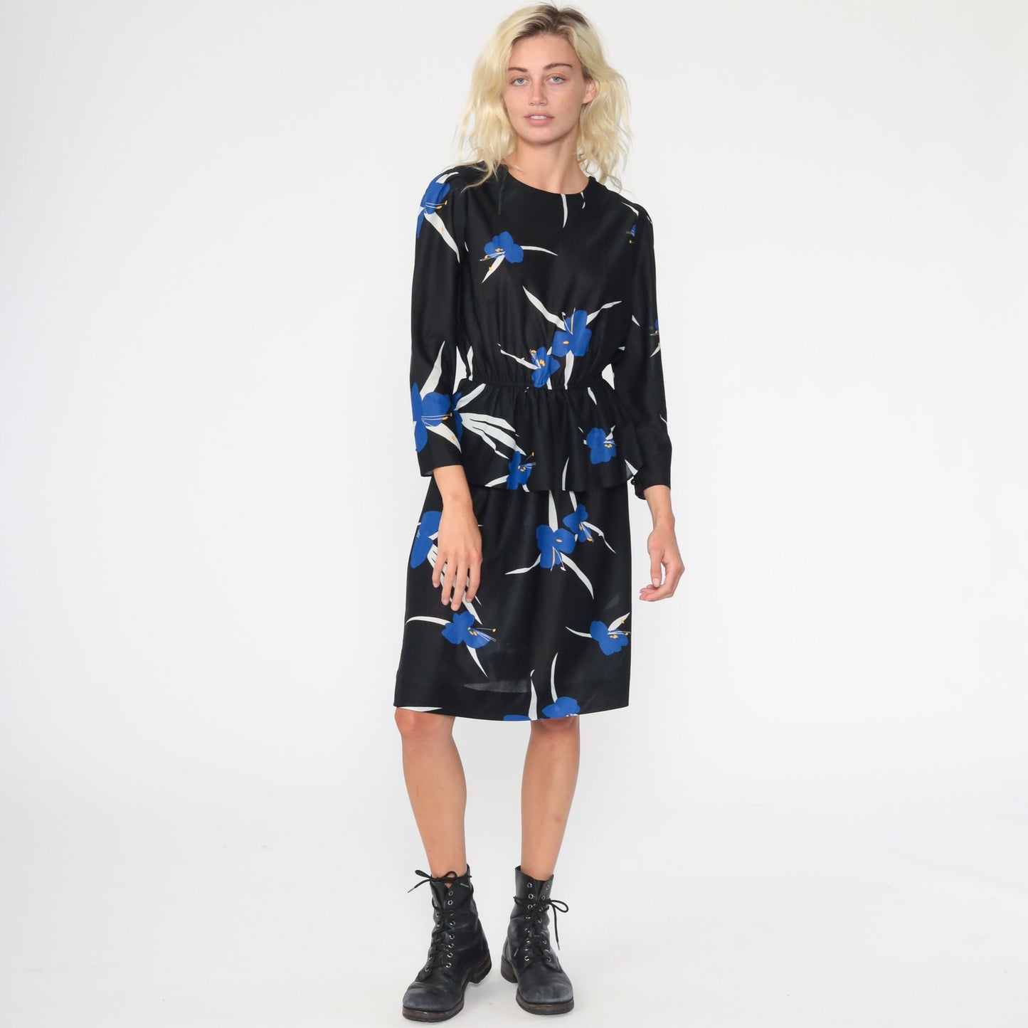 70s Black Floral Midi Dress High Waist Long Sleeve Semi-Sheer Small Medium