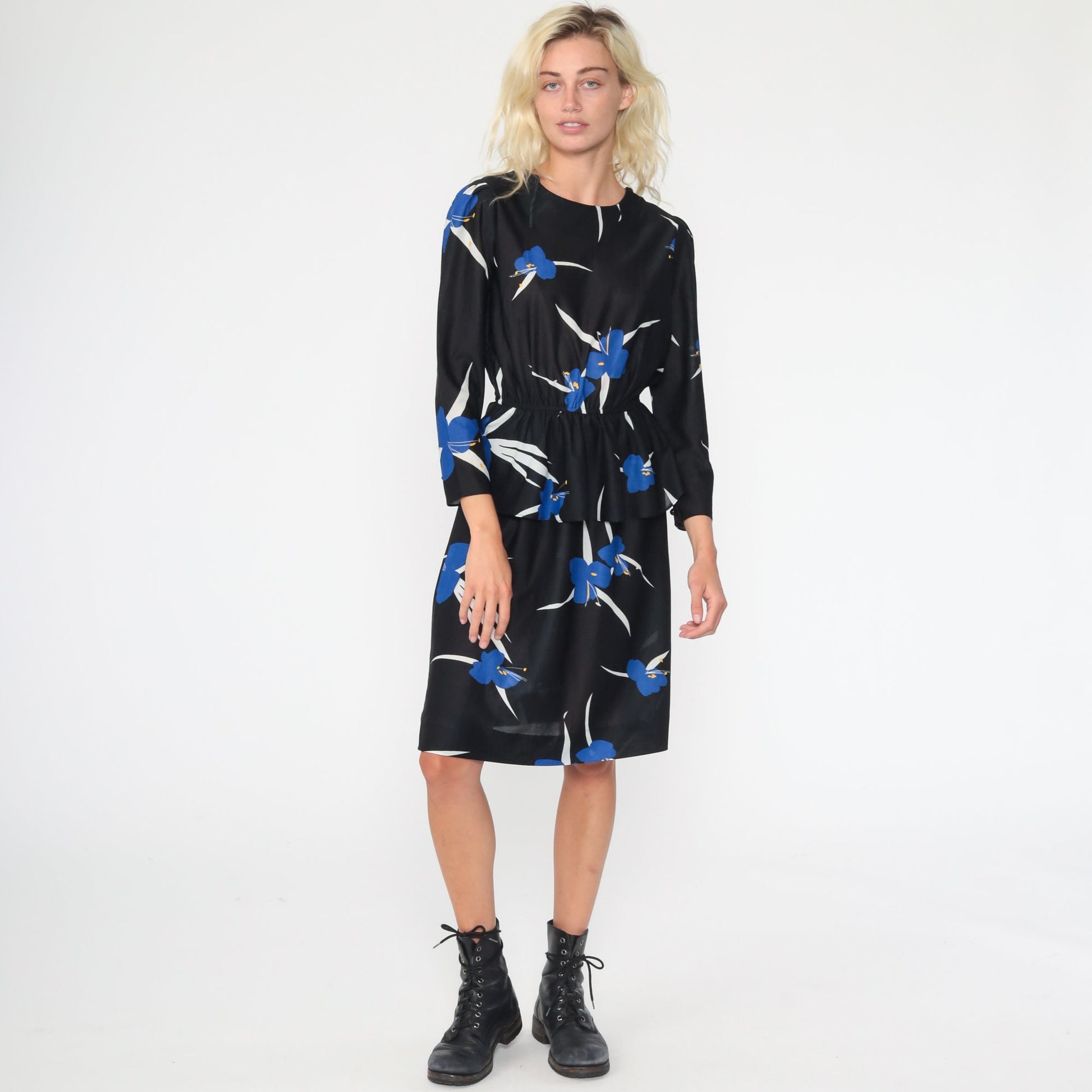 70s Black Floral Midi Dress High Waist Long Sleeve Semi-Sheer Small Medium