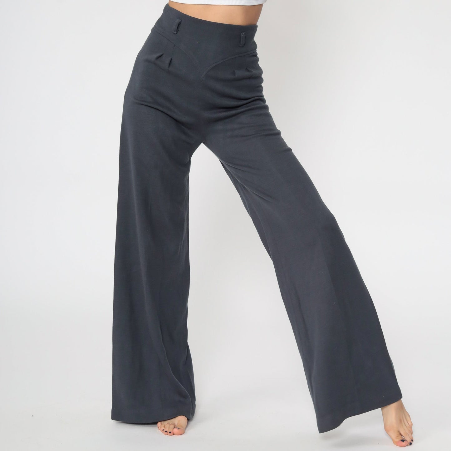 70s Grey Bell Bottom Pants High Waist Wide Leg Knit Trousers Extra Small XS