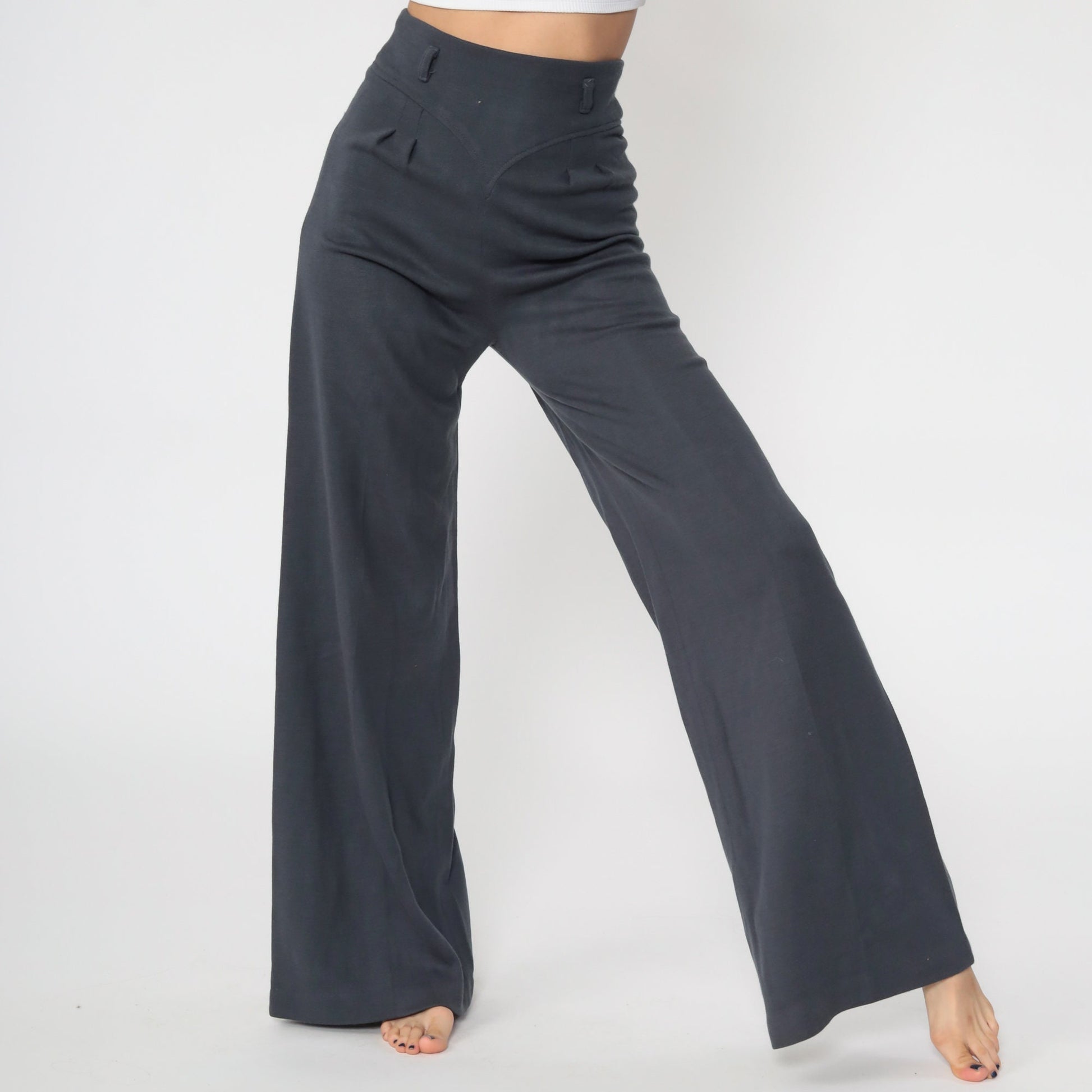 70s Grey Bell Bottom Pants High Waist Wide Leg Knit Trousers Extra Small XS