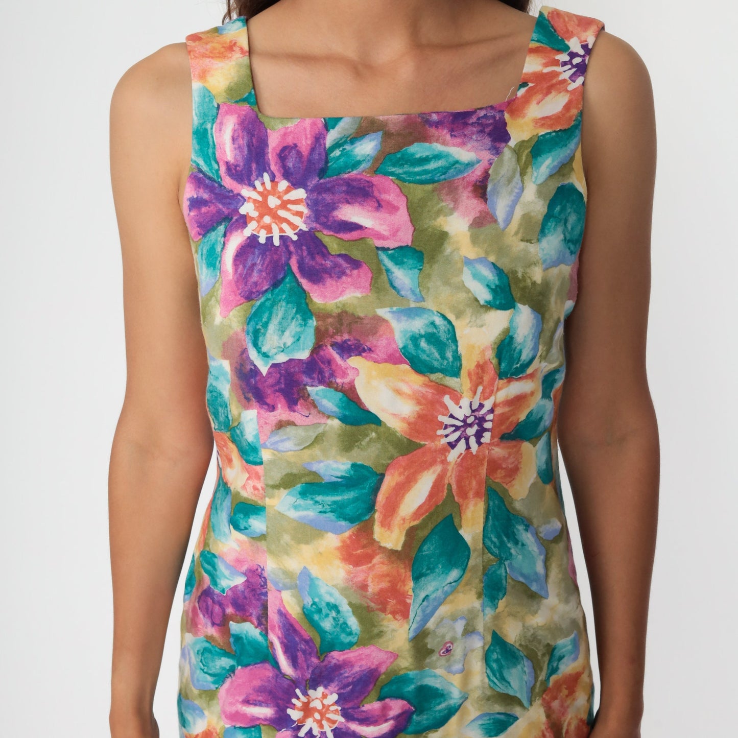 90s Tropical Floral Mini Dress Keyhole Back Sleeveless Sundress Small
