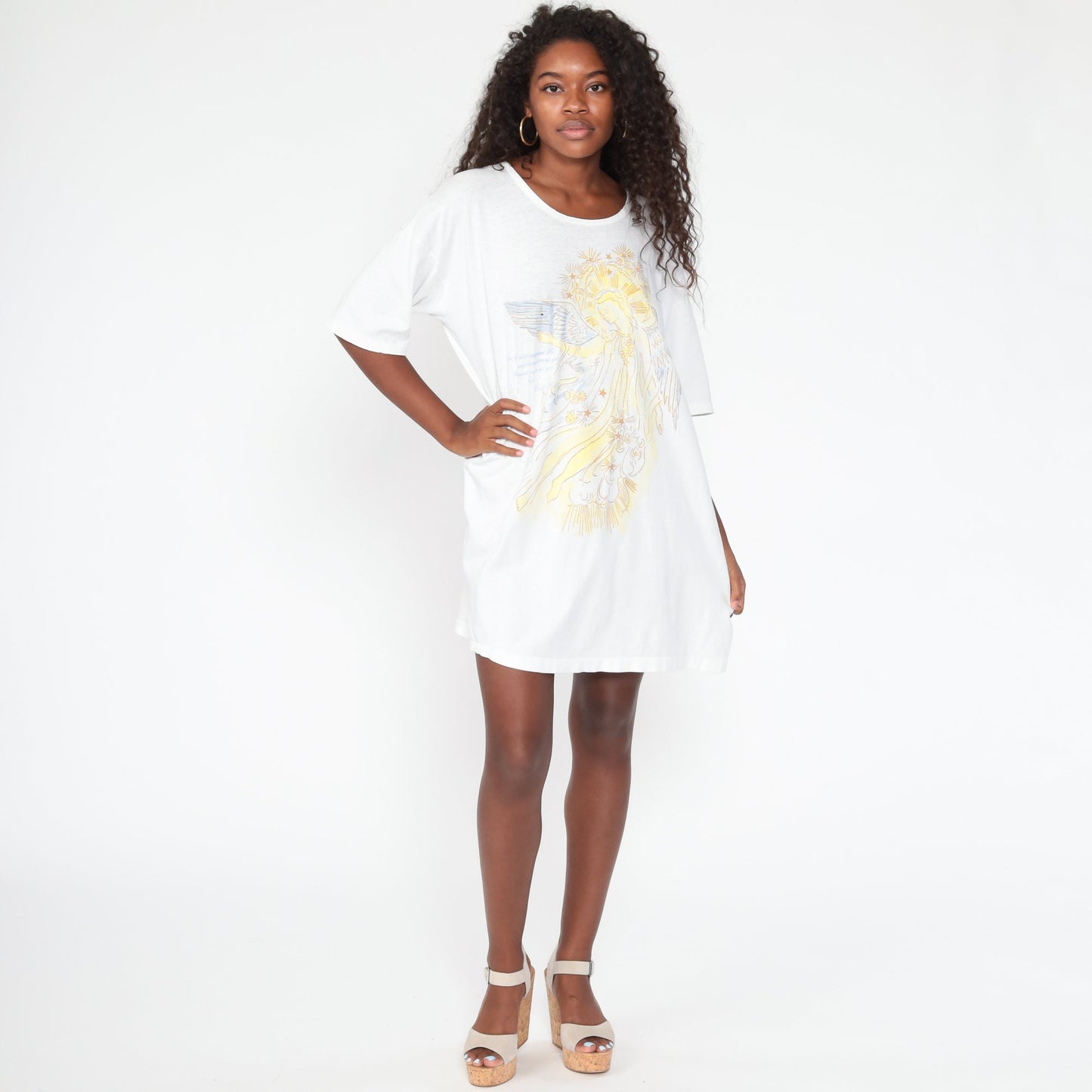 80s Angel Psalm 91:11 Christian T Shirt Dress White Cotton Mini
