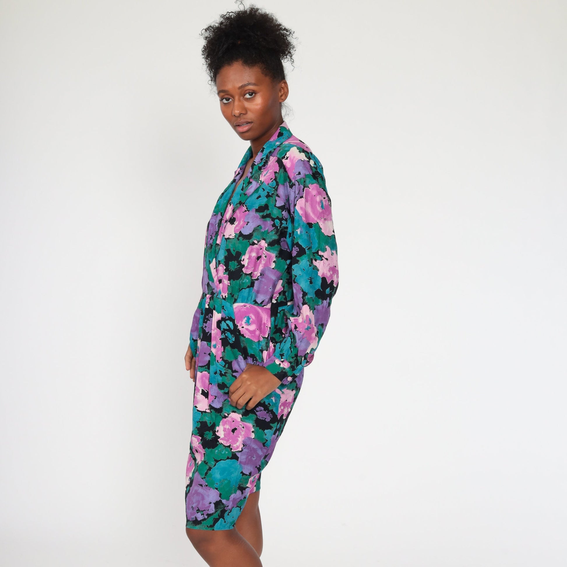 80s Pat Argenti Floral Wrap Dress Purple Midi Dolman Sleeve Medium