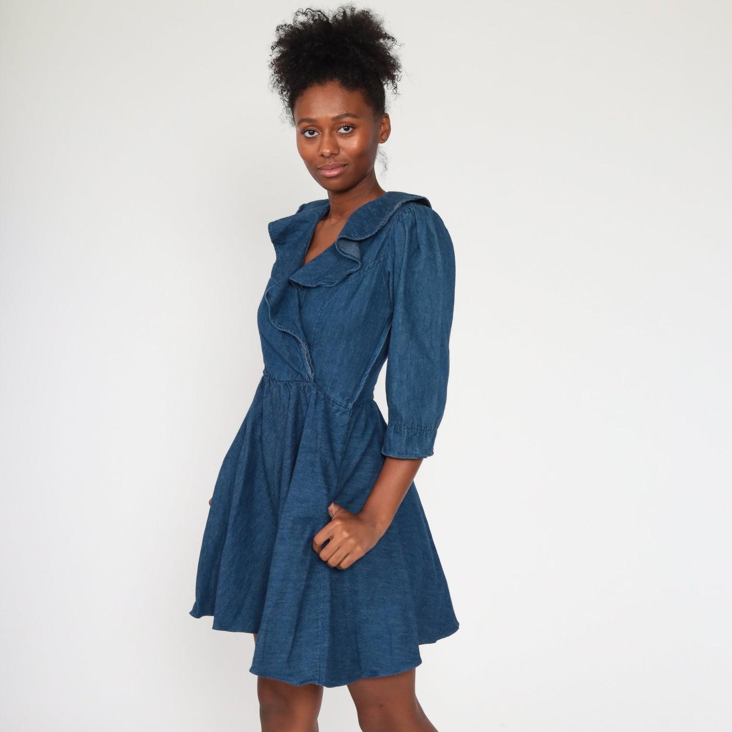 70s Denim Mini Dress Puff Sleeve V Neck High Waisted Blue Chambray Extra Small