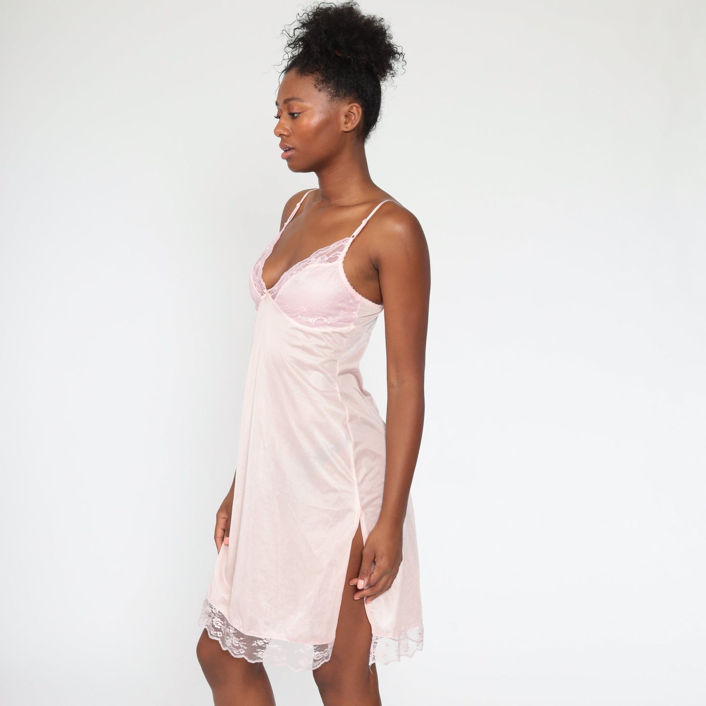 Y2K Baby Pink Lace Slip Dress Spaghetti Strap Nightgown 00s Small