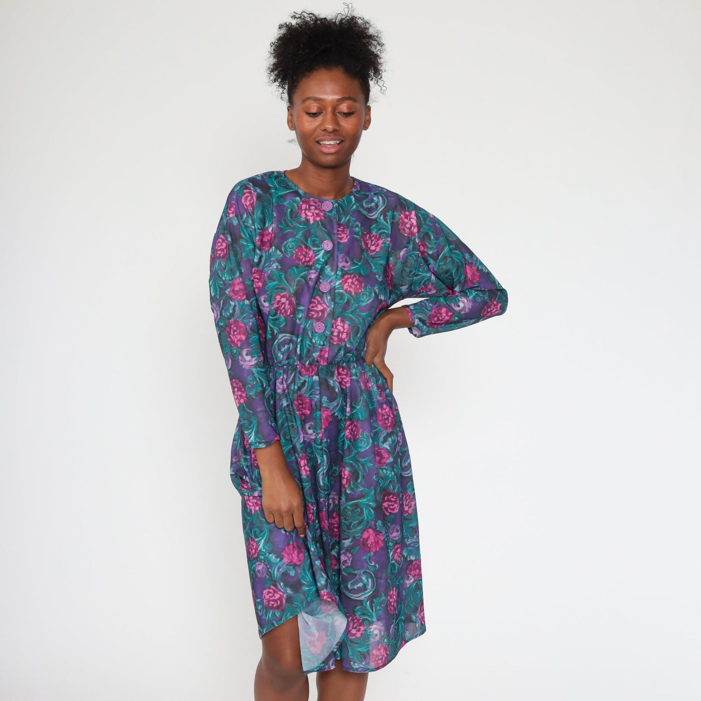 1970s Purple Floral Midi Dress High Waist Long Sleeve Button Front Medium