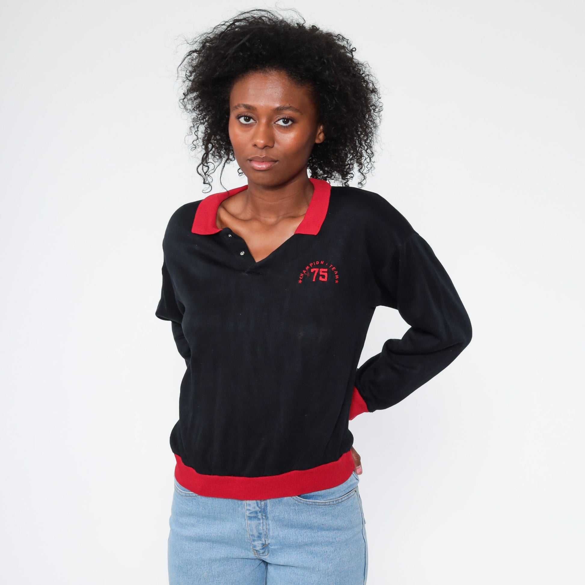 80s Champion Team 75 Black Half-Button Sweatshirt Small Medium