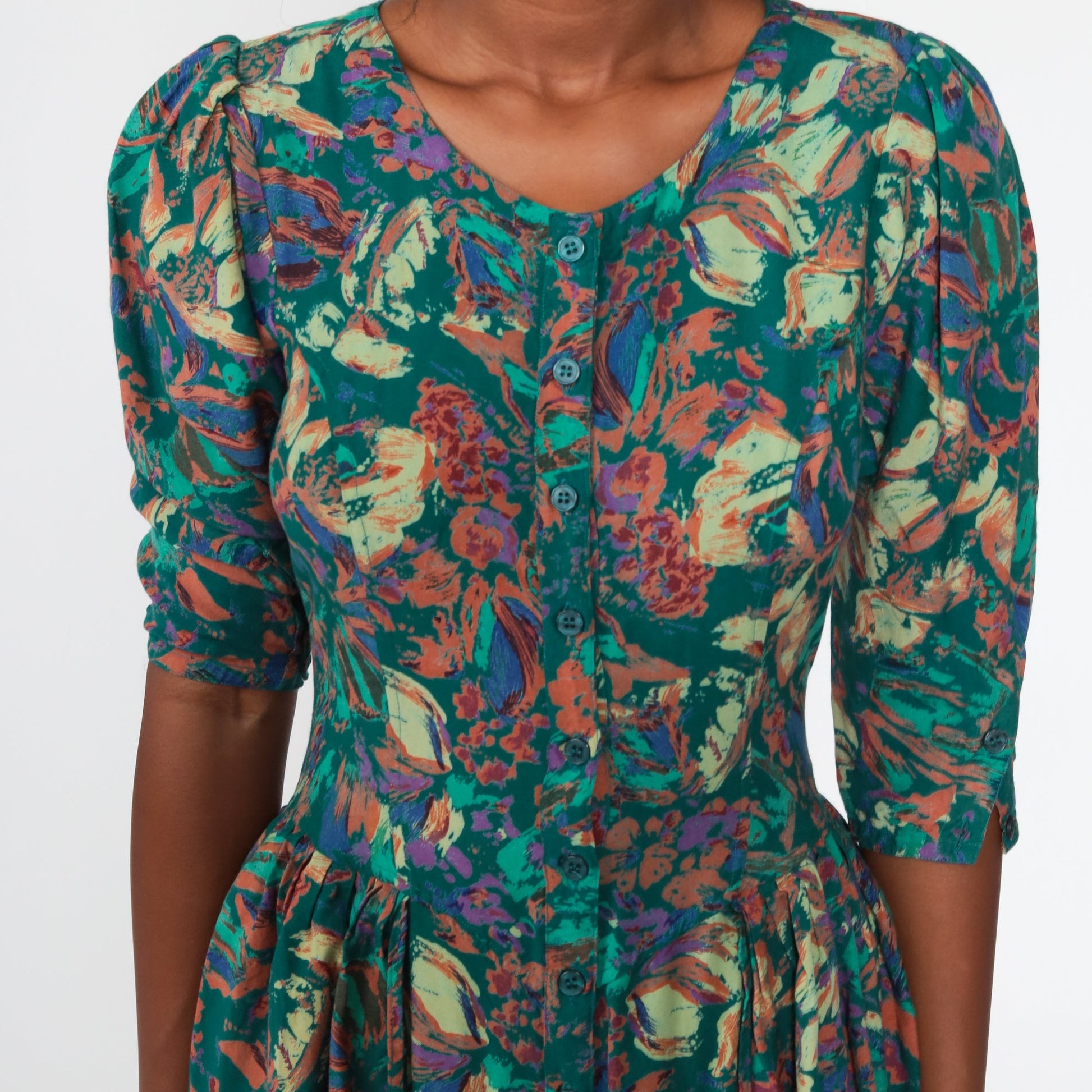 90s Green Floral Peplum Dress Button-Up 3/4 Puff Sleeve Midi Small