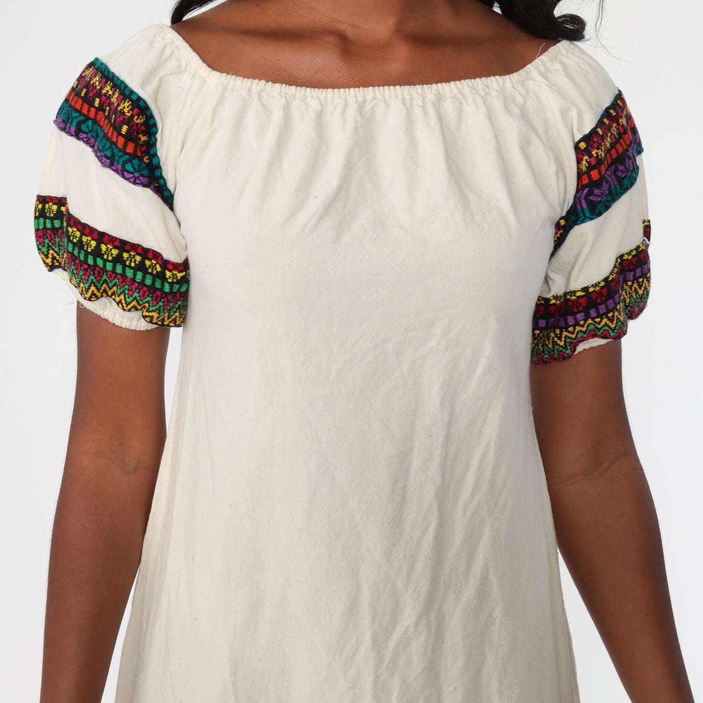 70s Floral Embroidered Peasant Dress Cream Puff Sleeve Midi Extra Small