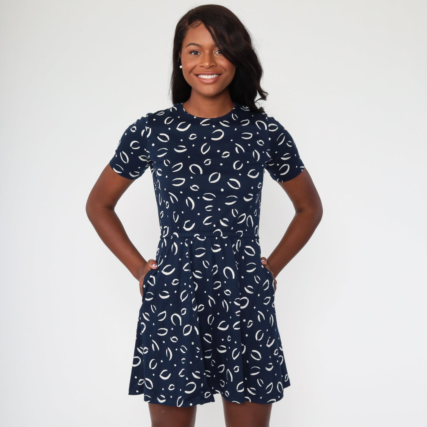 90s Lands' End Navy Leaf Print Mini Dress High Waist Pockets Extra Small XS