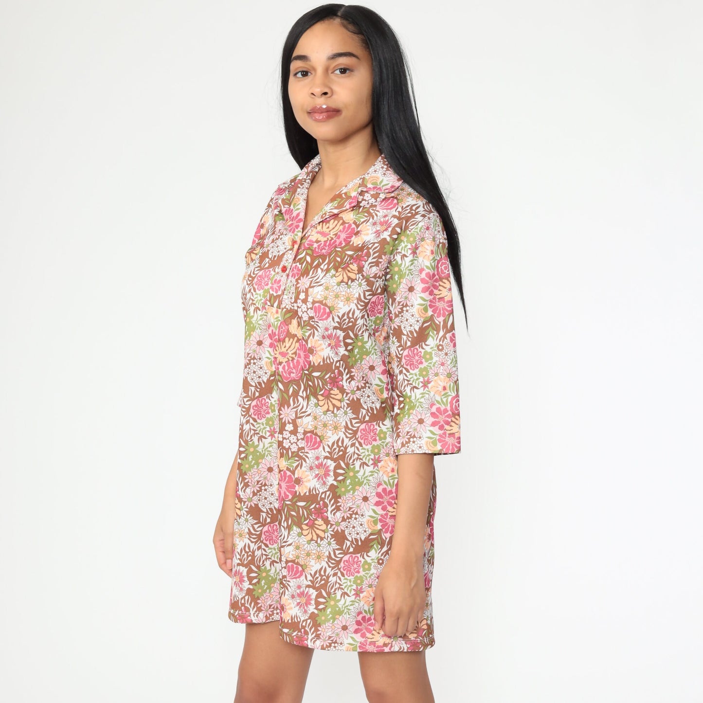 1960s Floral Shift Dress Pink Brown Mini Short Sleeve Medium