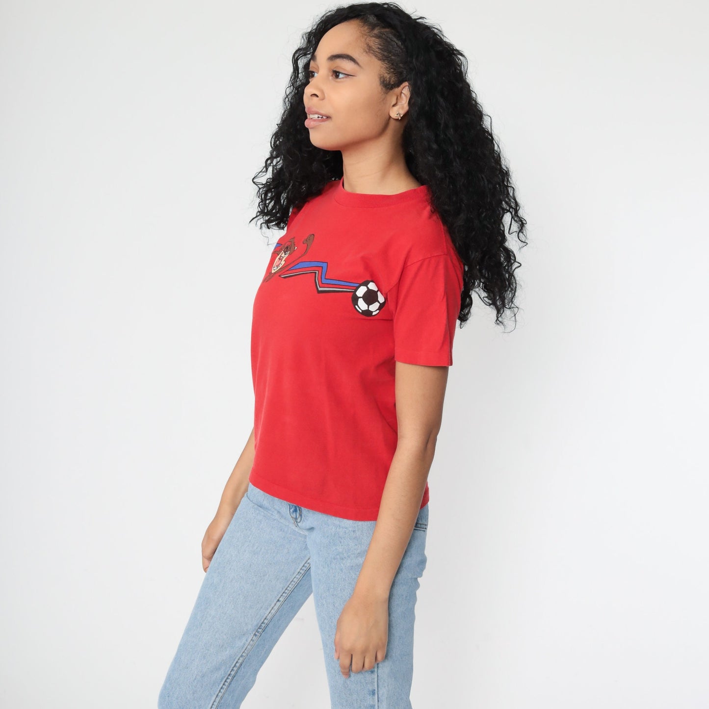 90s Looney Tunes Taz Soccer Graphic T-Shirt Warner Bros Red Small