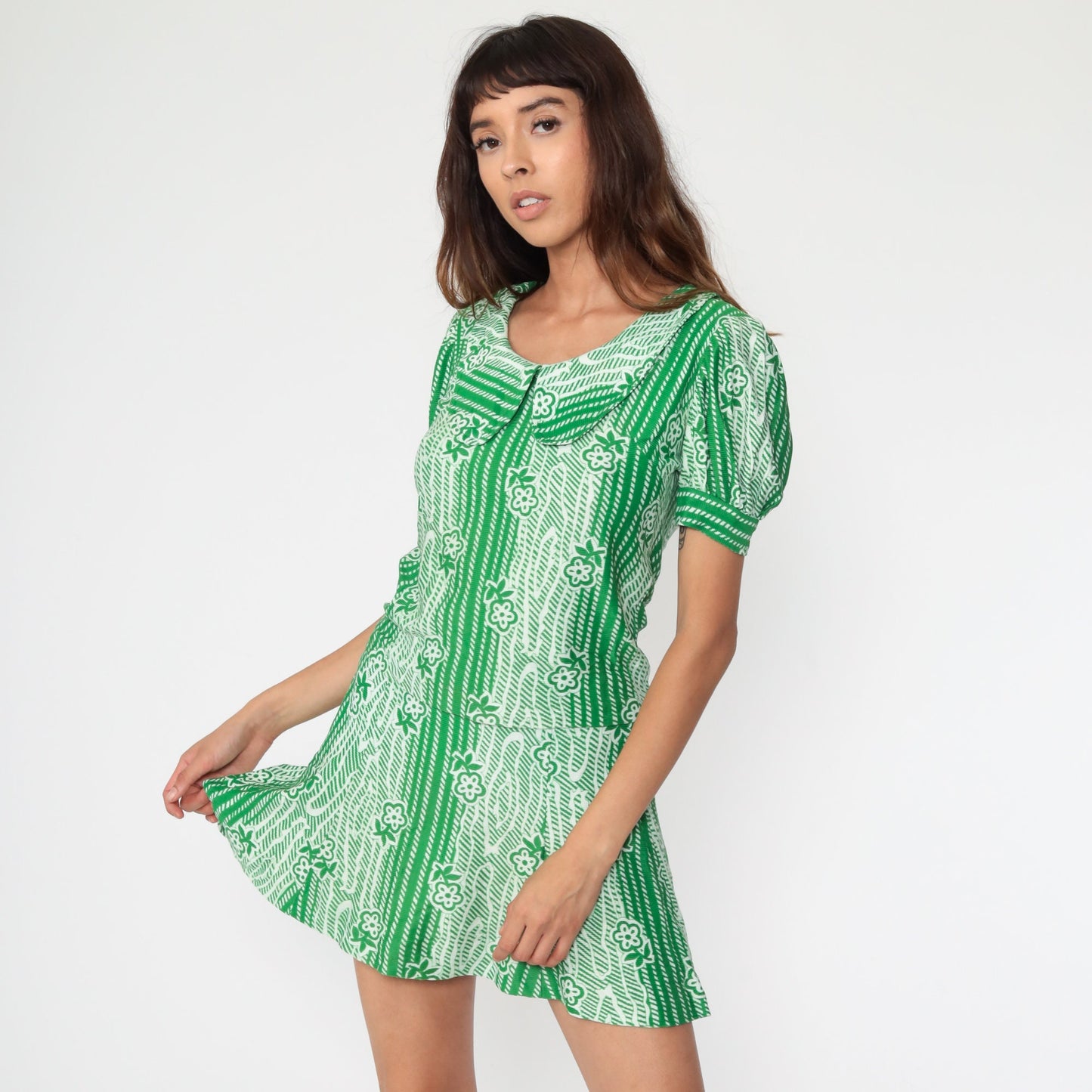 70s Green Floral Two-Piece Mini Dress Set Puff Sleeve Peter Pan Collar Extra Small