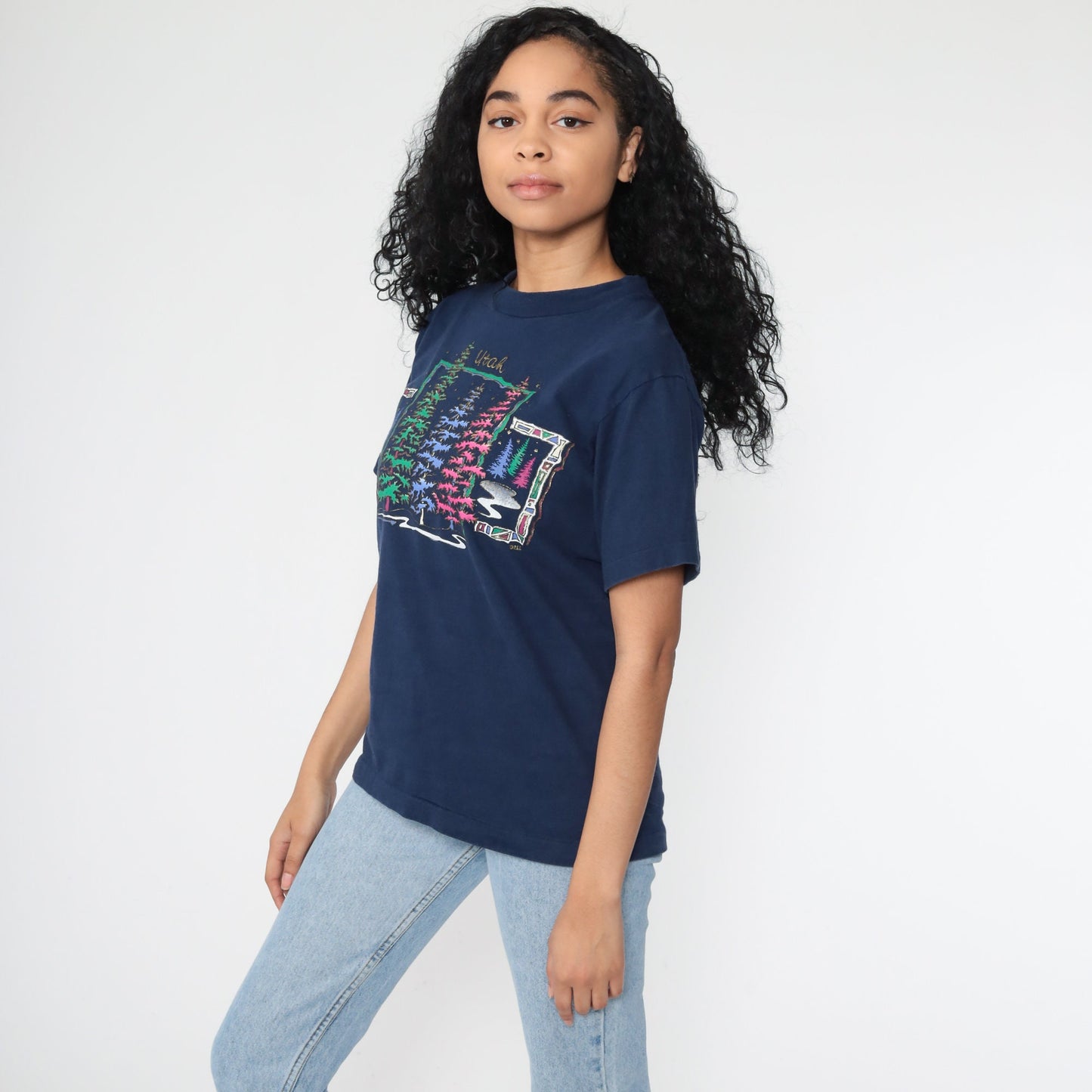 80s Utah Tree Graphic Tee Single Stitch Gold Glitter Navy Small