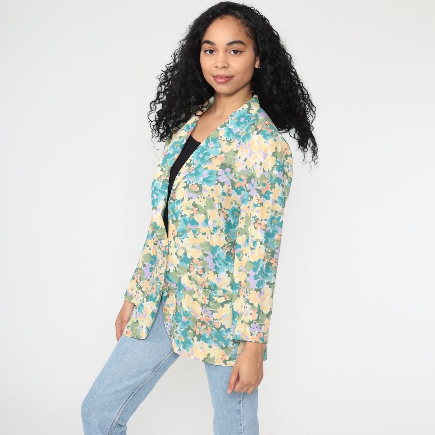 80s Koret Floral Blazer Jacket Pastel Yellow Blue Medium Large